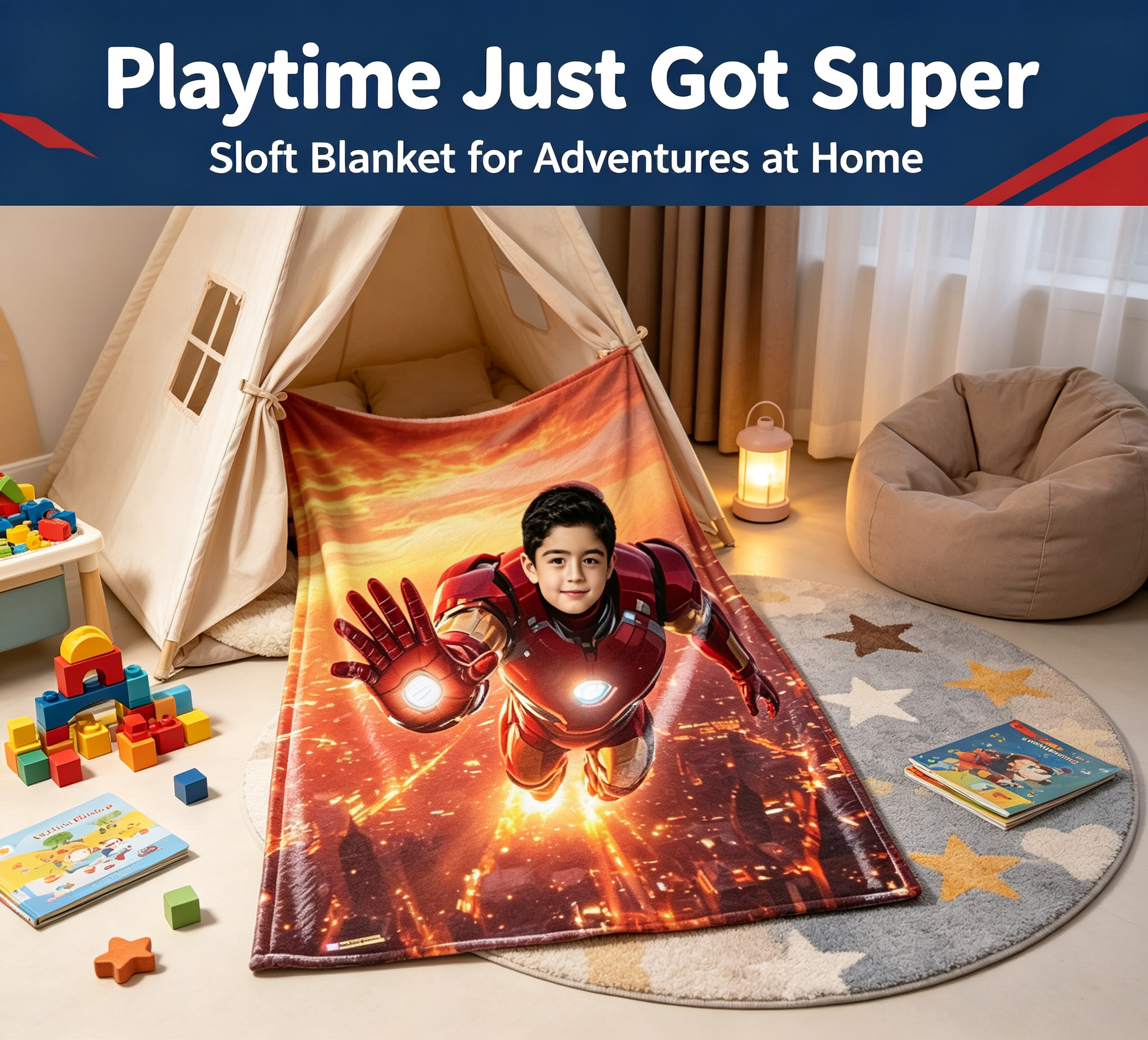 Custom Face Iron Man Flannel Throw Blanket, Personalized Superhero Blanket for Boys, Upload Your Photo Customized Kids Blanket, Unique Birthday Holiday Gift, Soft Warm Lightweight Blanket for Bedroom Play Tent Sofa Travel