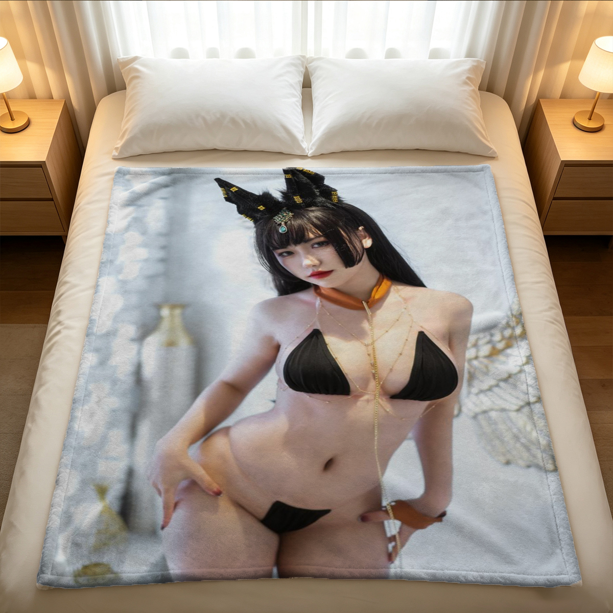 A Japanese woman in a yellow bikini, posing by the window. - Blanket