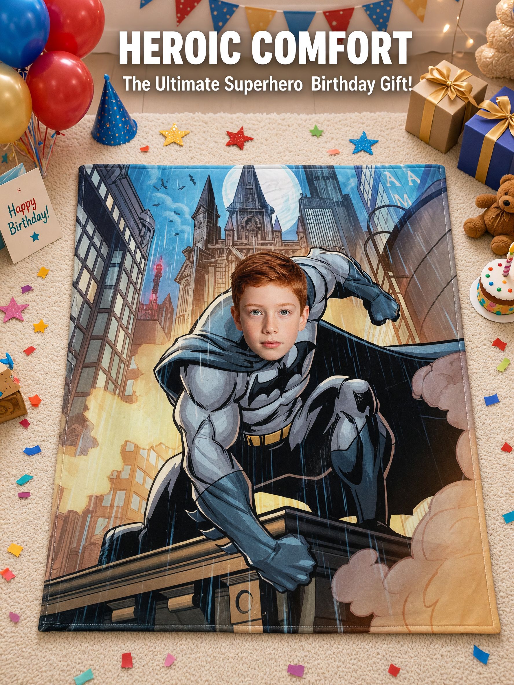 Personalized Superhero Photo Face Blanket Ultra Soft Flannel Fleece Throw Custom Novelty Gift for Kids and Family