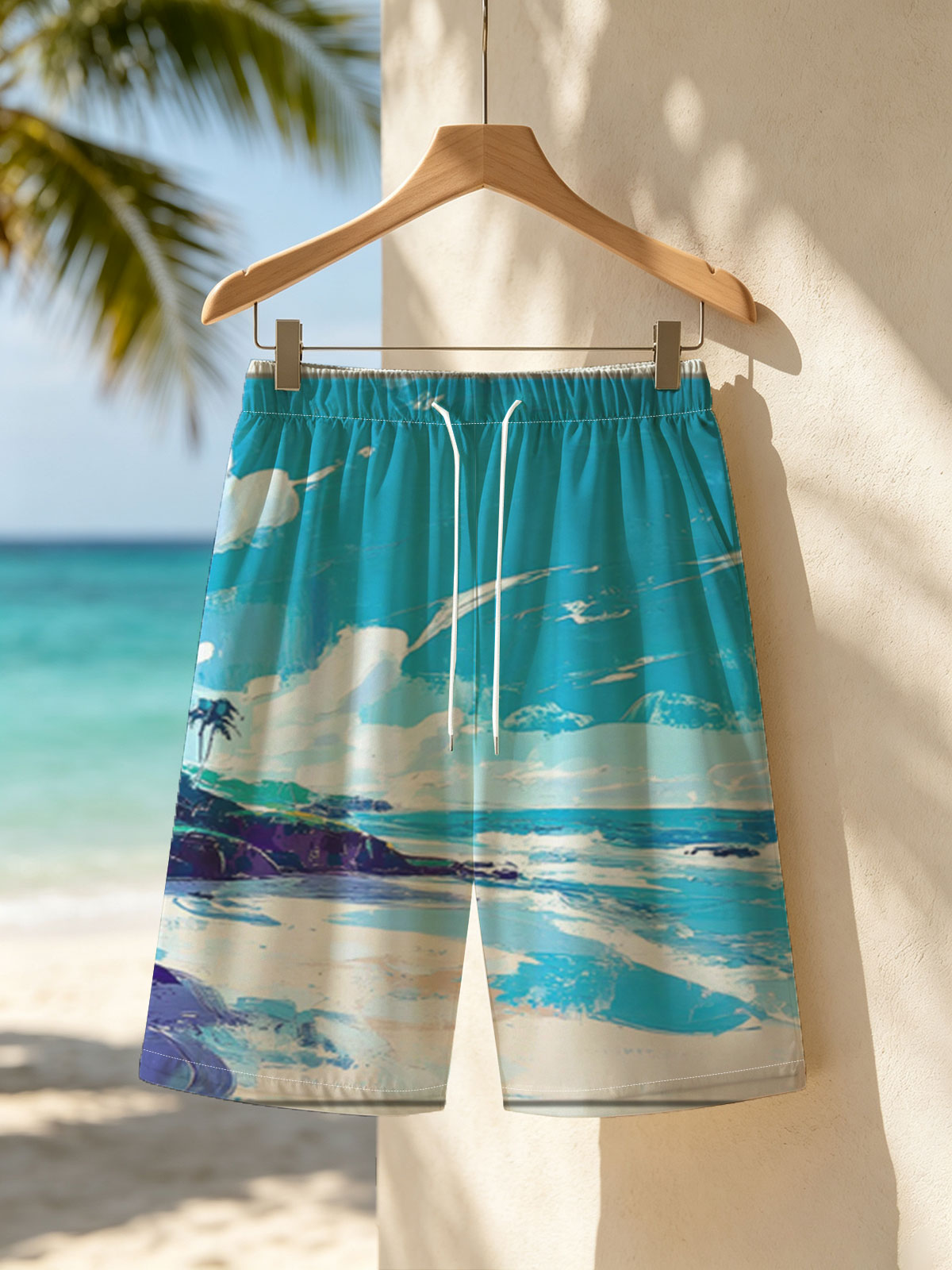 Tropical Beach with Palm Trees and Blue Sky -  Beach shorts