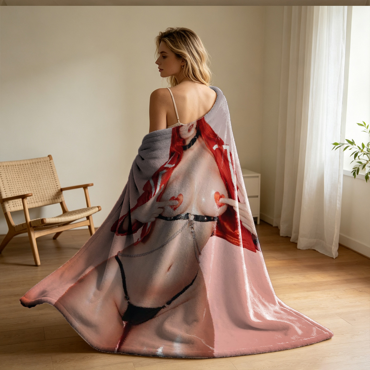 A woman in white lingerie and stockings lying on a bed. - Blanket