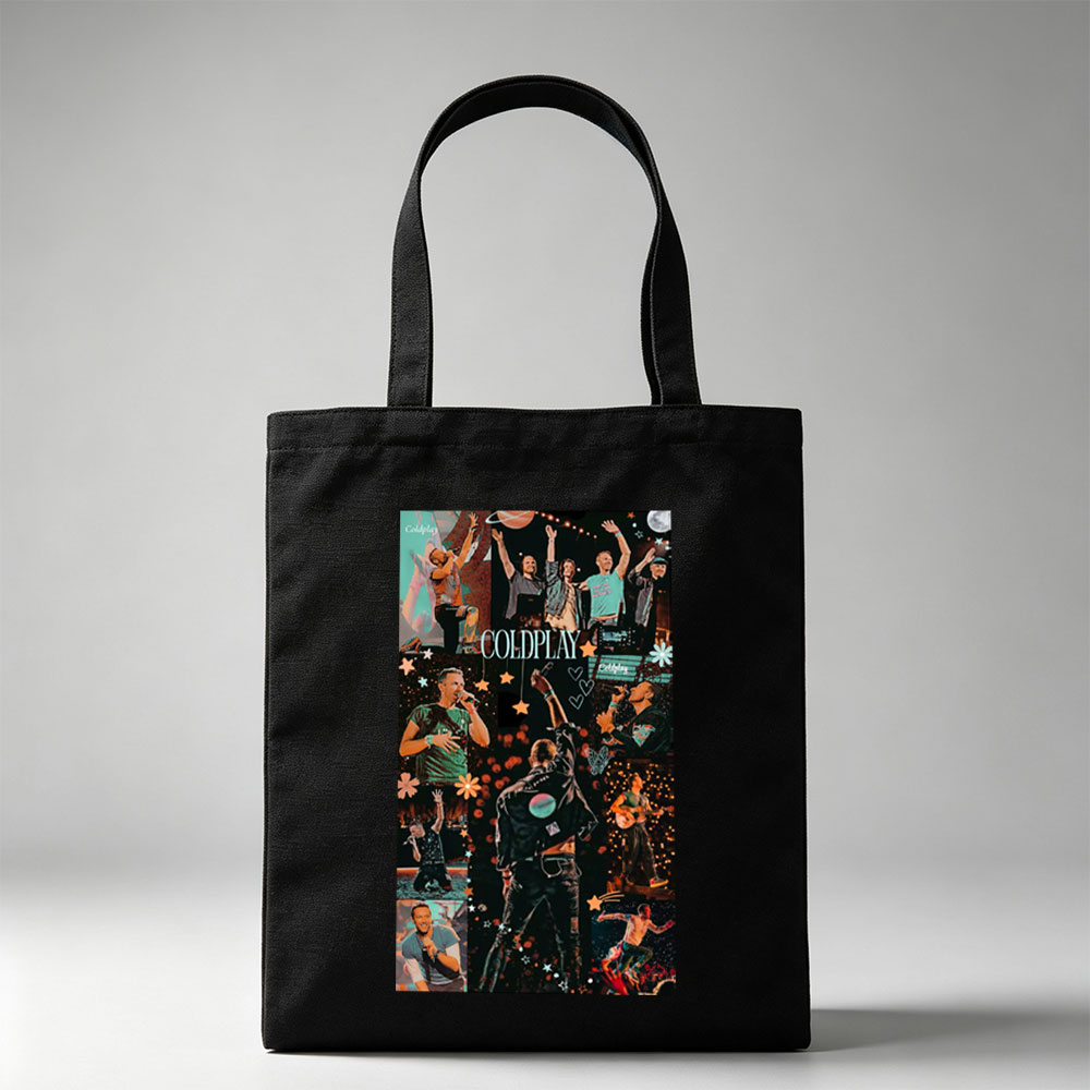 Coldplay Live Performance Collage Featuring Dynamic Concert Moments and Band Members on Stage - Canvas tote bags