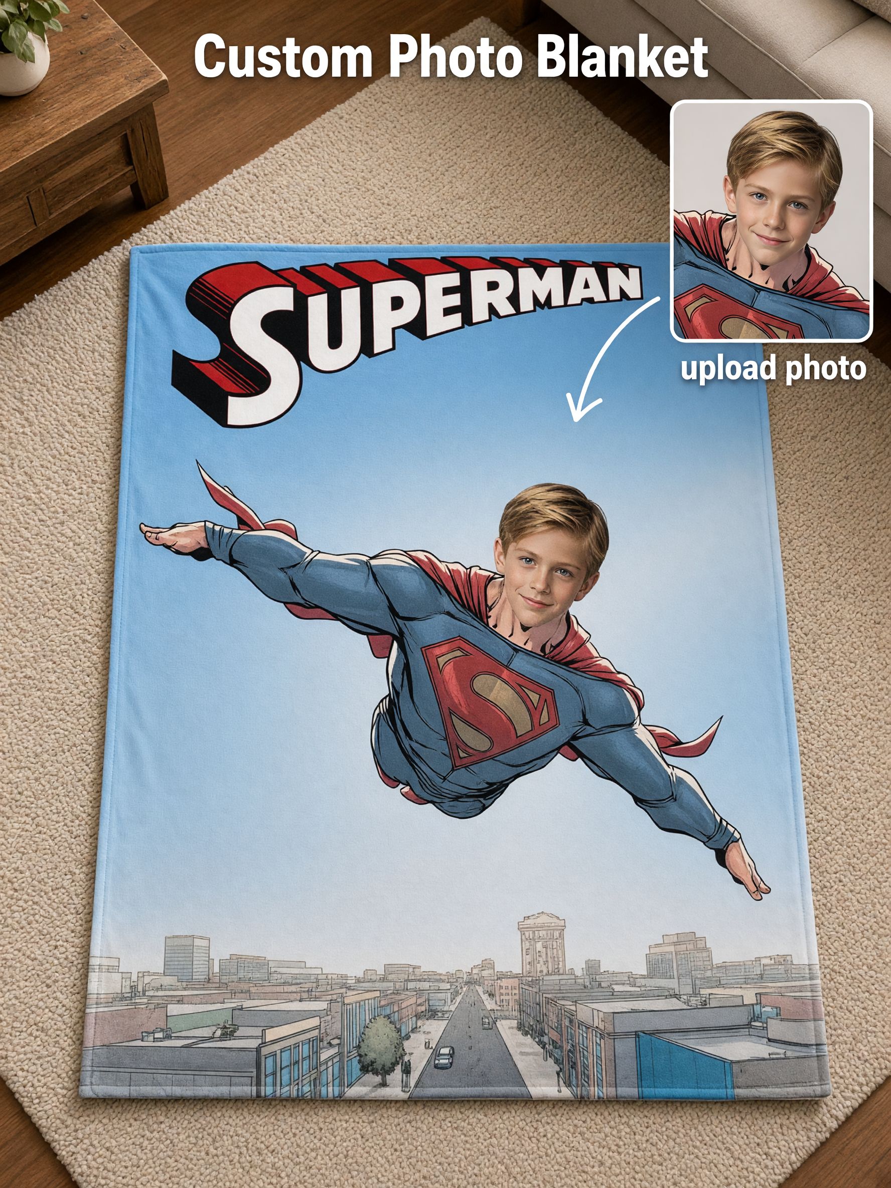 Custom Photo Superhero Flannel Fleece Blanket Personalized Face Graphic Soft Cozy Throw for Bed Couch and Travel Ideal