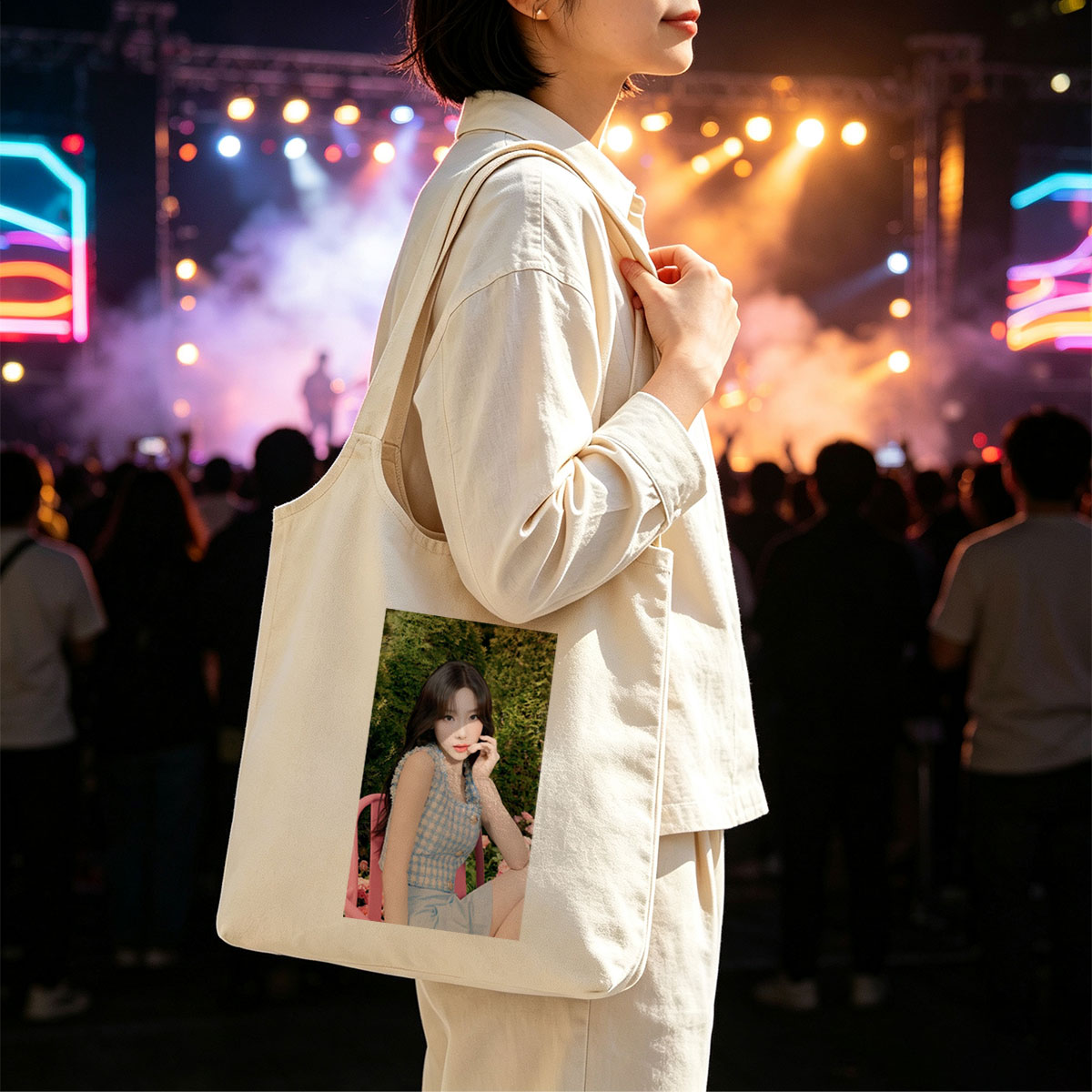 Tzuyu in a Garden Scene Wearing a Blue Checkered Top and Light Blue Skirt, Sitting on a Pink Chair Amidst Greenery and Flowers - Canvas shoulder bags/