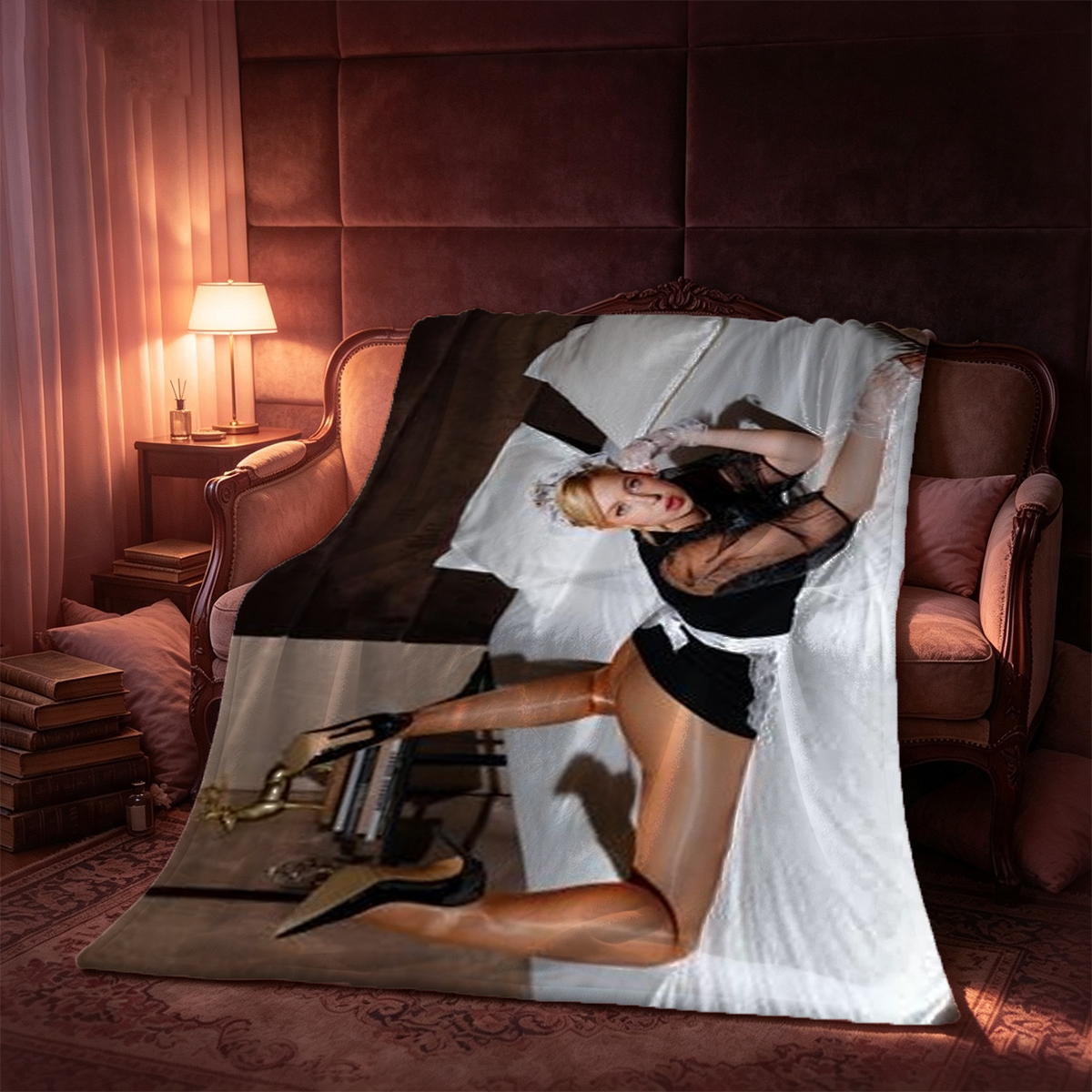A woman in black lingerie and sheer stockings posing in a luxurious bathtub. - Blanket