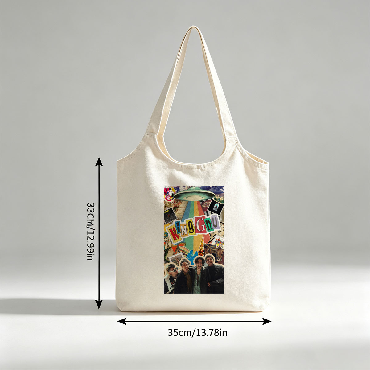 King Gnu Band Members in a Vibrant Collage Featuring Rainbow Path, UFO, and Pop Culture Elements - Canvas shoulder bags/