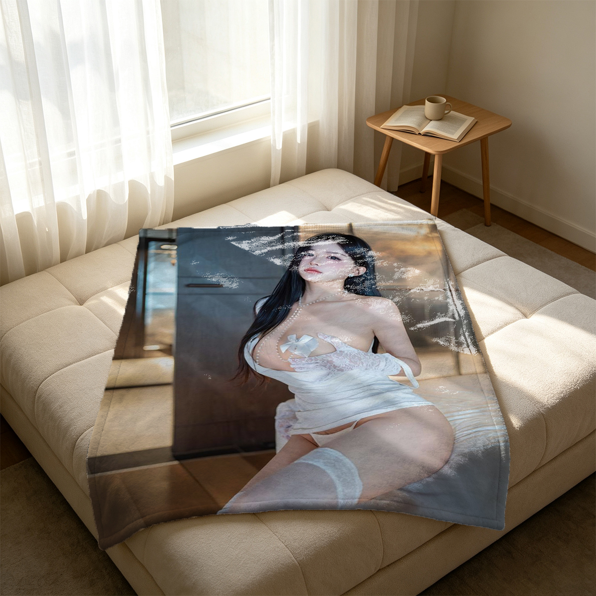 A young Asian woman in a navy blue sports jersey and panties, lifting her top to expose her breasts while sitting by the window. - Blanket
