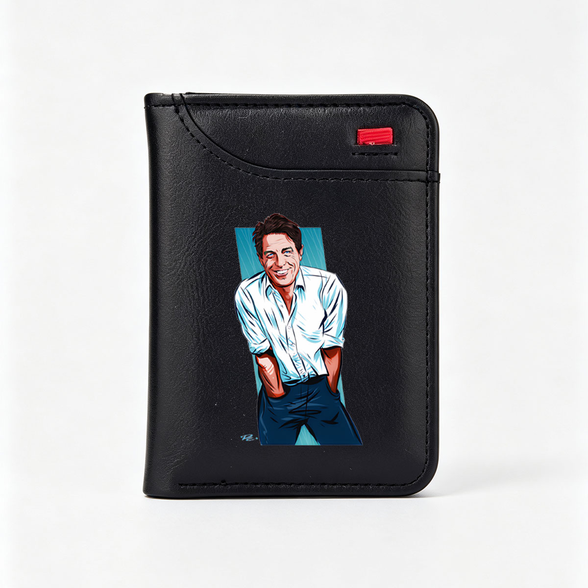 Tom Hanks in a Light Blue Shirt and Dark Pants, Smiling with Hands in Pockets - Vertical Style Wallet