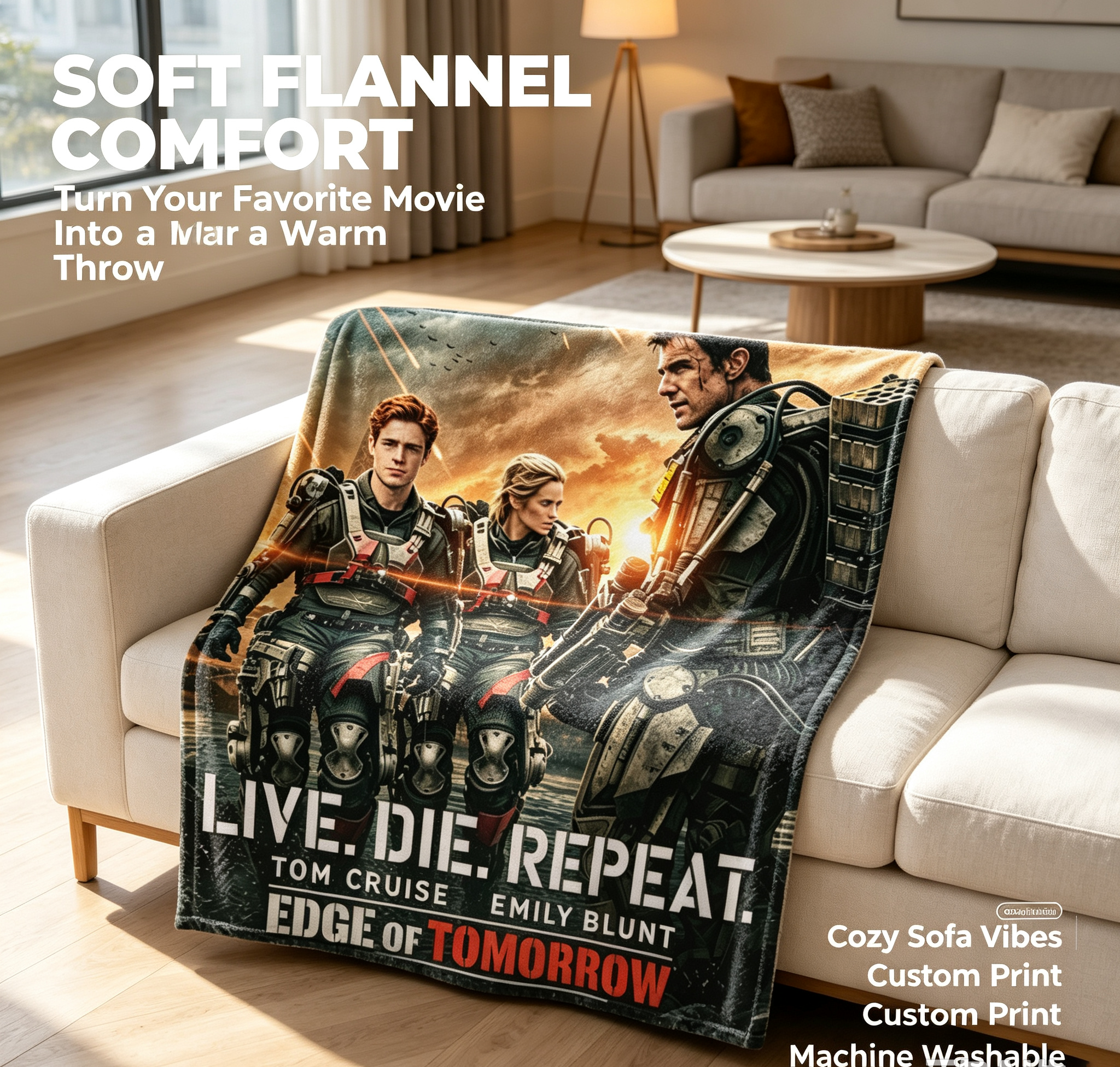 Custom Face Blanket Edge of Tomorrow Movie Characters Flannel Blanket Perfect for Fans of Tom Cruise and Emily Blunt Ideal for Couch, Bed, or Travel Great Gift or Giveaway for Sci-Fi Movie Enthusiasts
