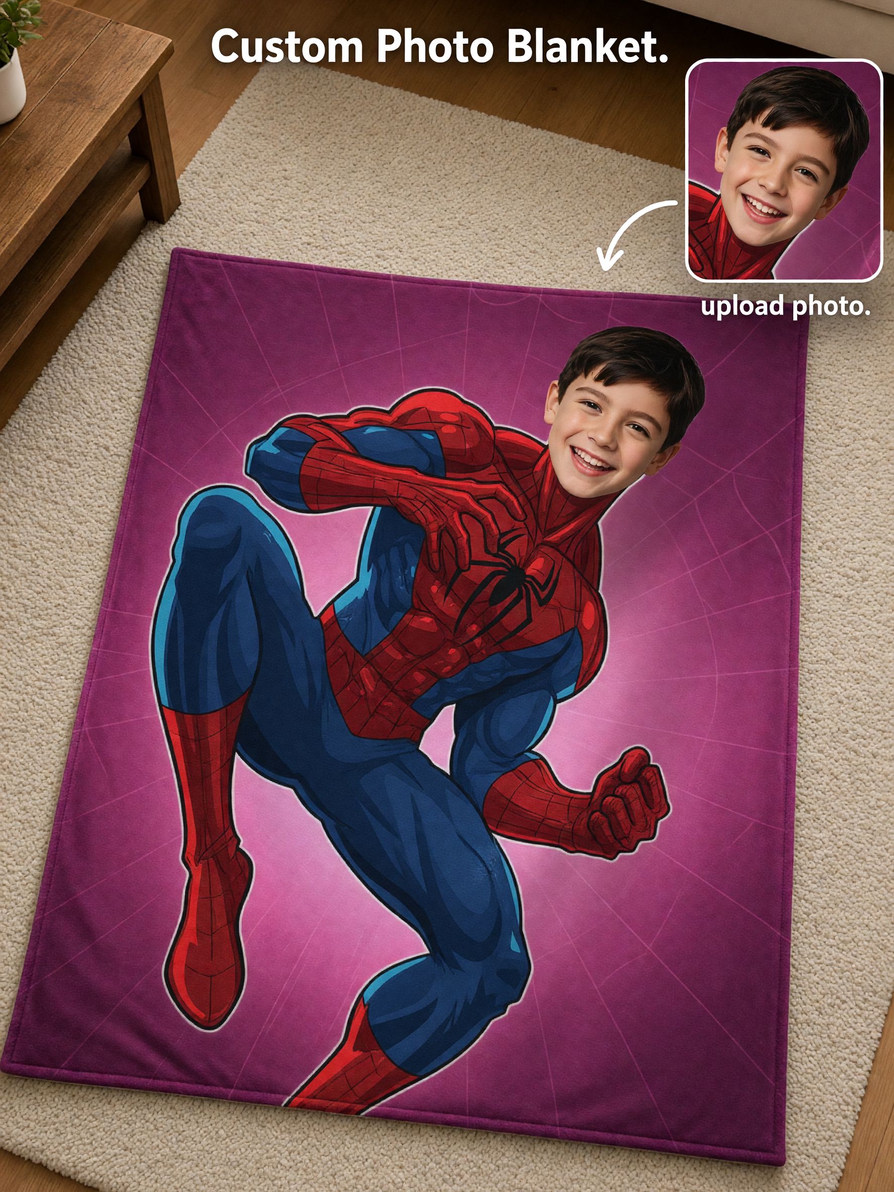 Custom Face Photo Superhero Fleece Blanket, Personalized Flannel Throw Blanket for Kids, Ideal Personalized Gift