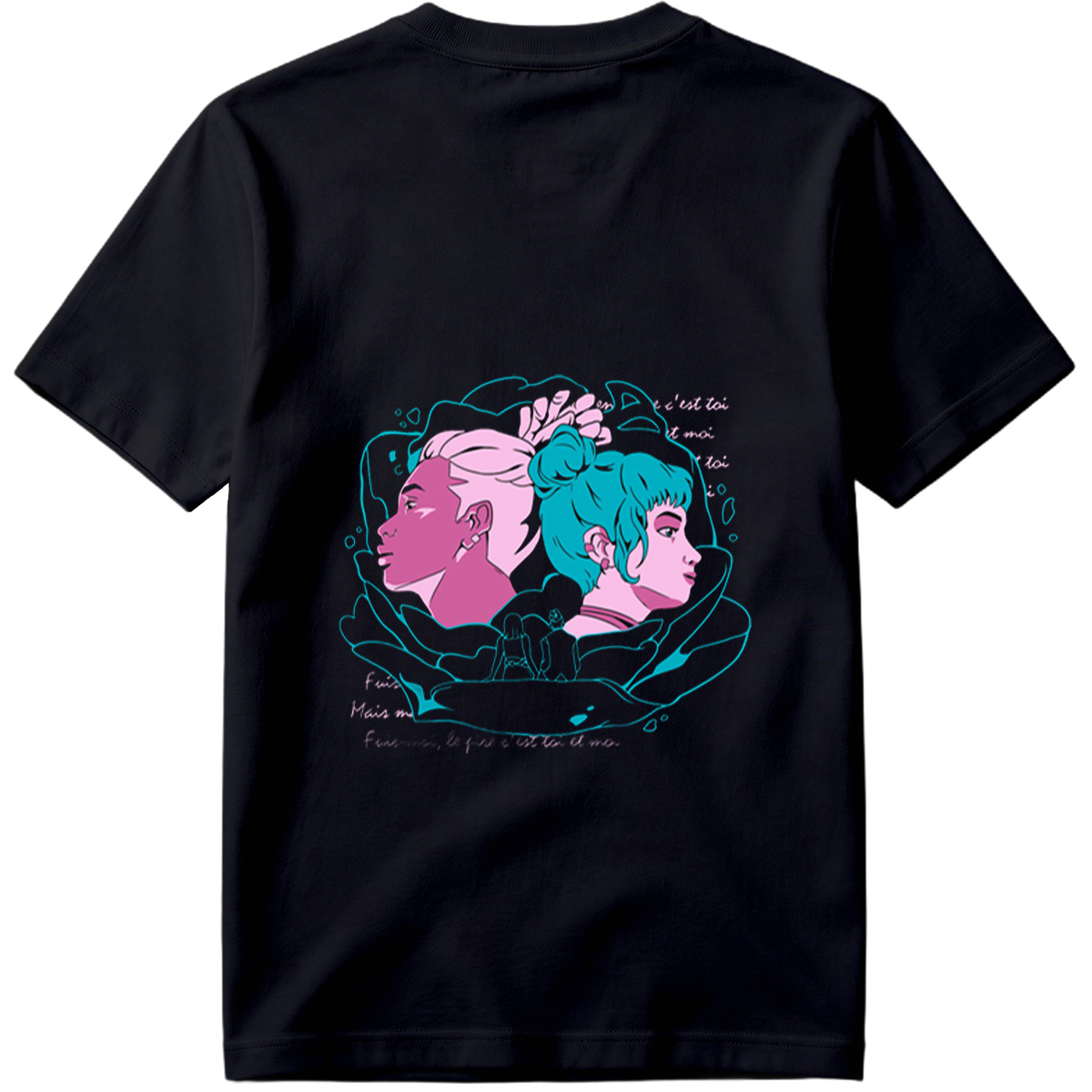 Two Women in Profile: A Stylized Artwork Featuring Pink and Teal Hair with French Text - Tee