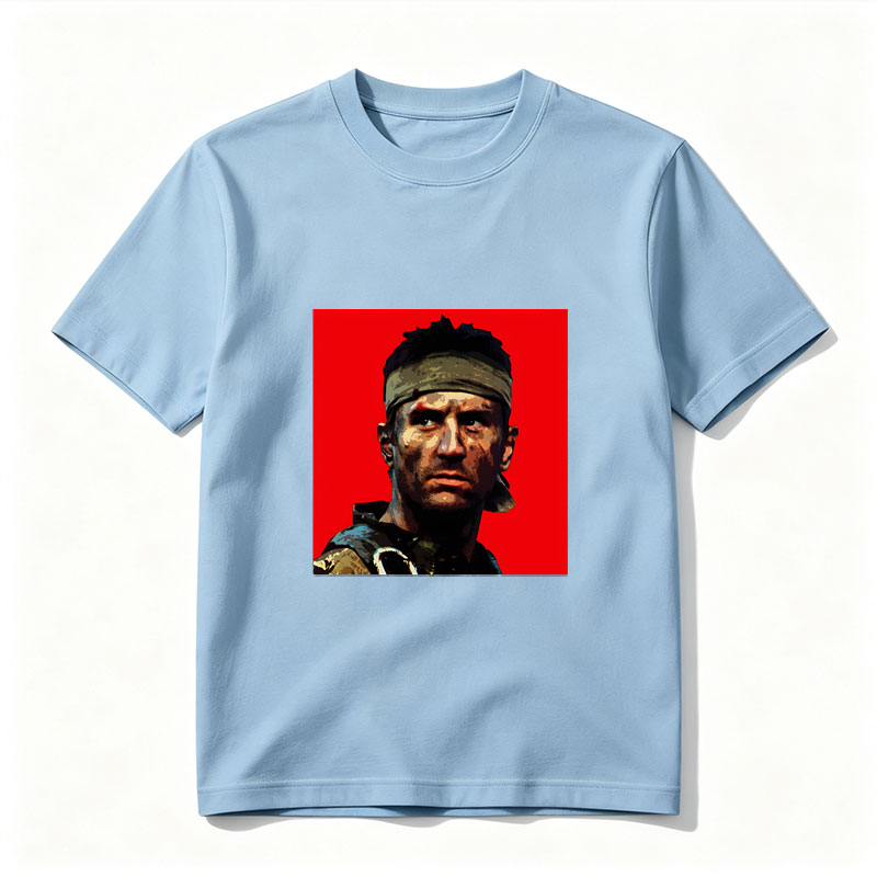 John McClane in Die Hard, intense action hero with headband and rugged look against red background - Tee