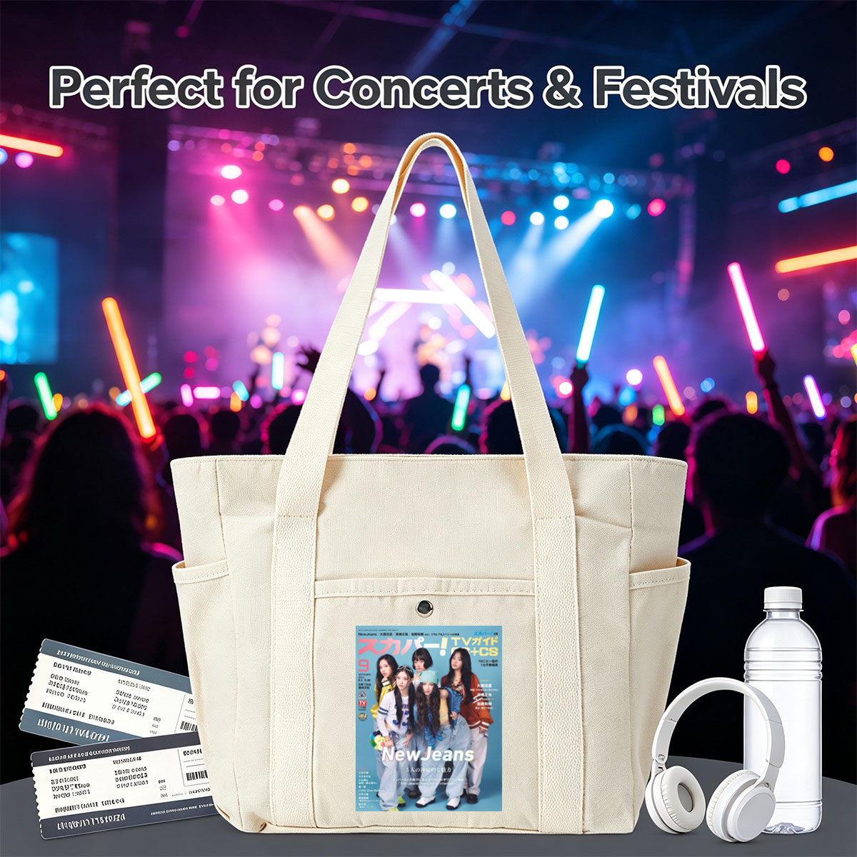 NewJeans on TV Guide Cover Featuring Five Members in Casual Outfits with Blue Background - Multi-pocket bags