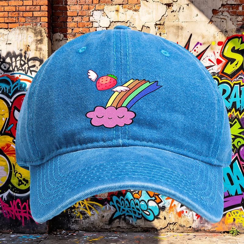 Unisex Classic Washed Cap with Flying Strawberry Rainbow Cloud Print - Perfect for Casual Outings, Travel, and Everyday Wear - Ideal for Teens and Young Adults Seeking Fun, Colorful Streetwear Style