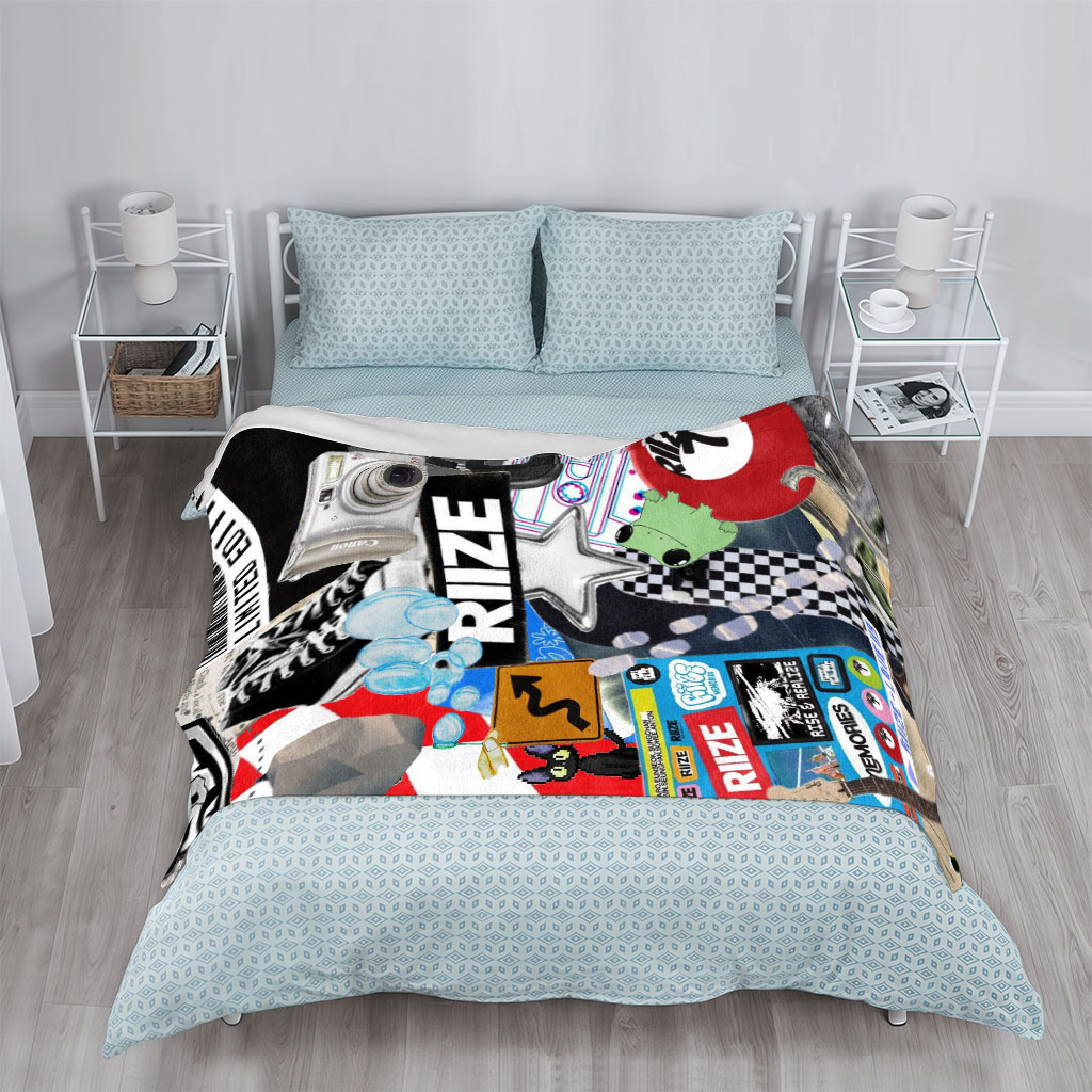 RIIZE Music Collage Featuring Band Merch, Camera, Sneakers, and Pop Culture Elements - Blankets