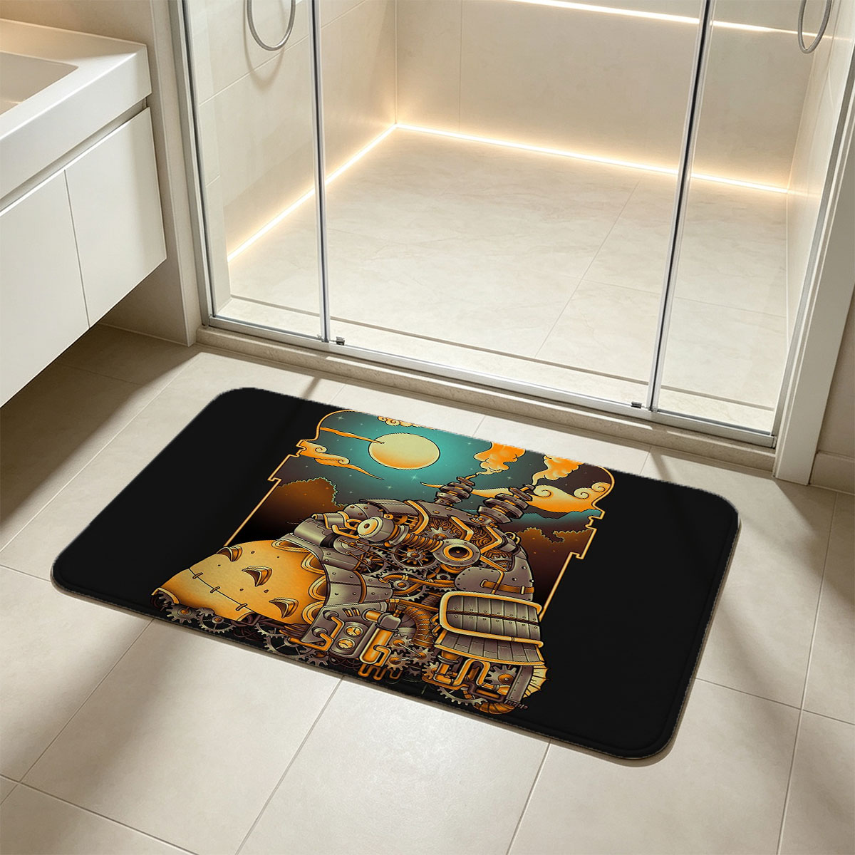 Steampunk Samurai Robot Under Moonlit Sky - Flannel floor mat