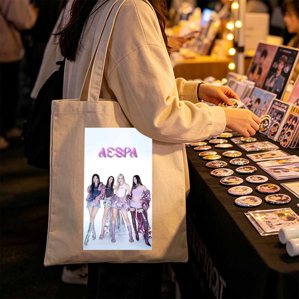 AESPA Group Pose in Futuristic Fashion Against White Background - Canvas tote bags