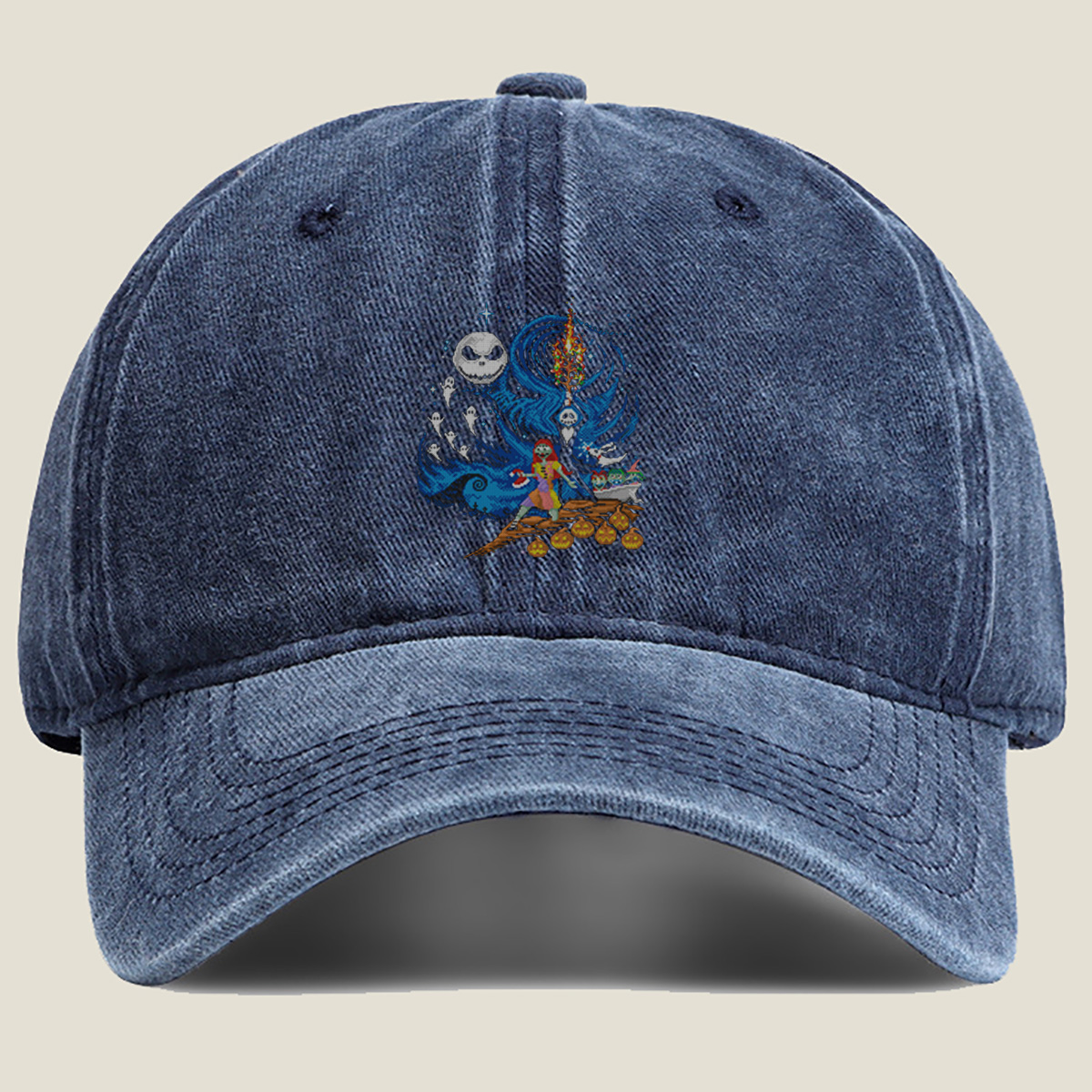 The Nightmare Before Christmas: Jack Skellington and Sally in a Magical Night Scene - Washed Denim - Baseball Cap