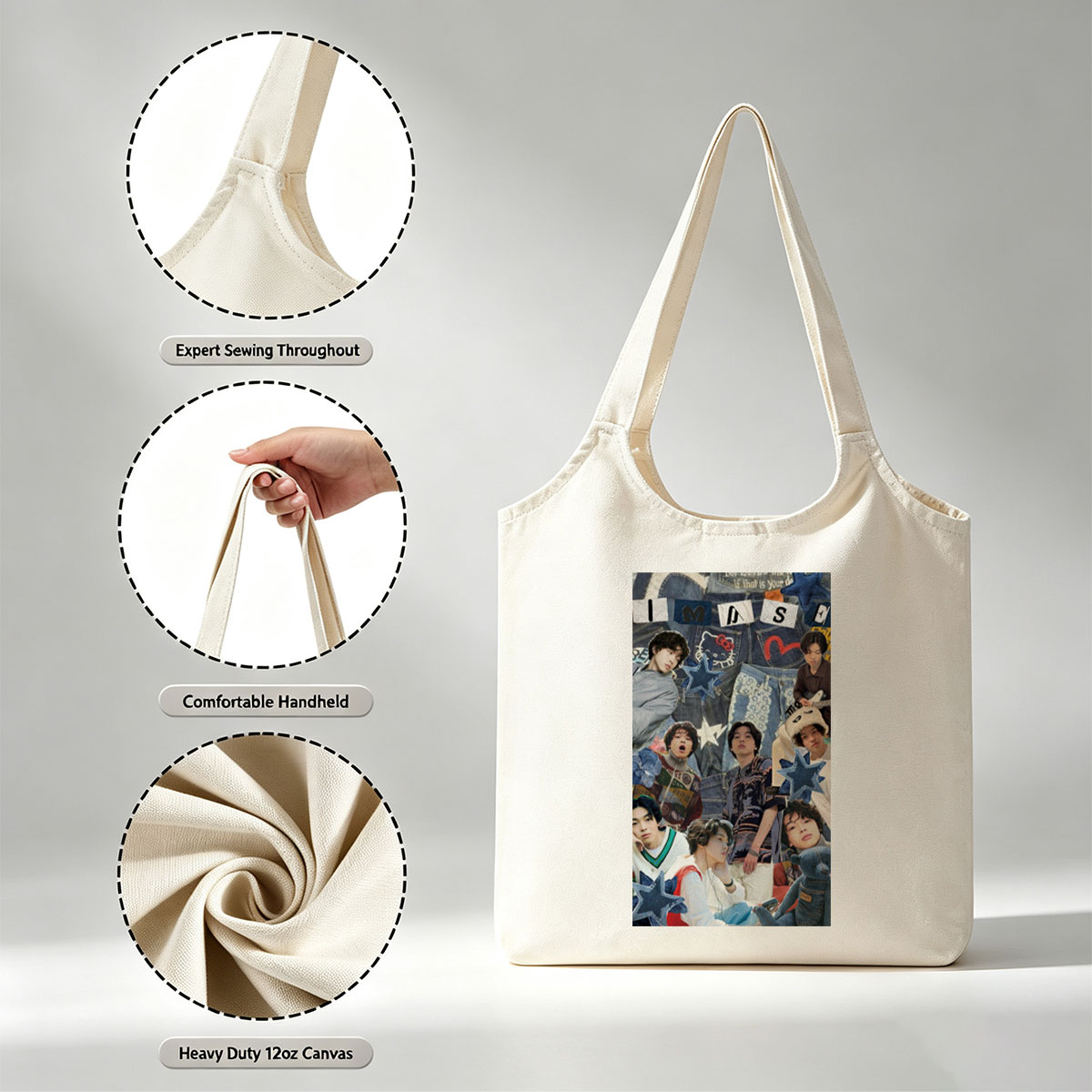IMASE Members in a Denim-Themed Collage with Stars and Playful Elements - Canvas shoulder bags/