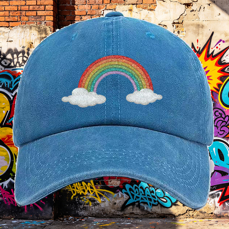 Men's Printed Washed Cap with Glitter Rainbow and Cloud Design, Casual Round Brim Summer Lightweight Hat for Outdoor Activities, Perfect for Young Adults and Trendy Streetwear Enthusiasts