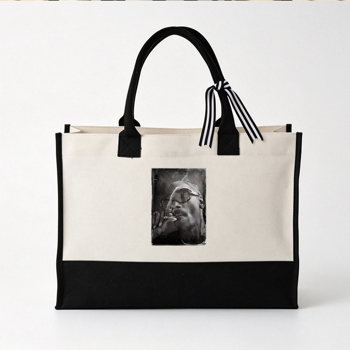 Man with Sunglasses Smoking Cigarette in Black and White Portrait - Canvas patchwork gift tote bag
