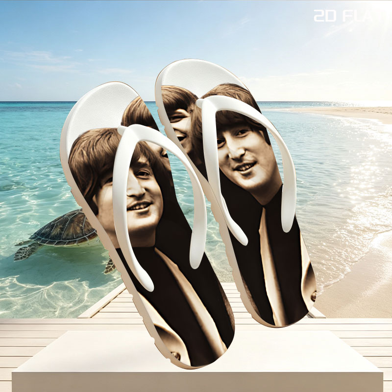 The Beatles: John, Paul, George, and Ringo in a classic pose -  flip-flops