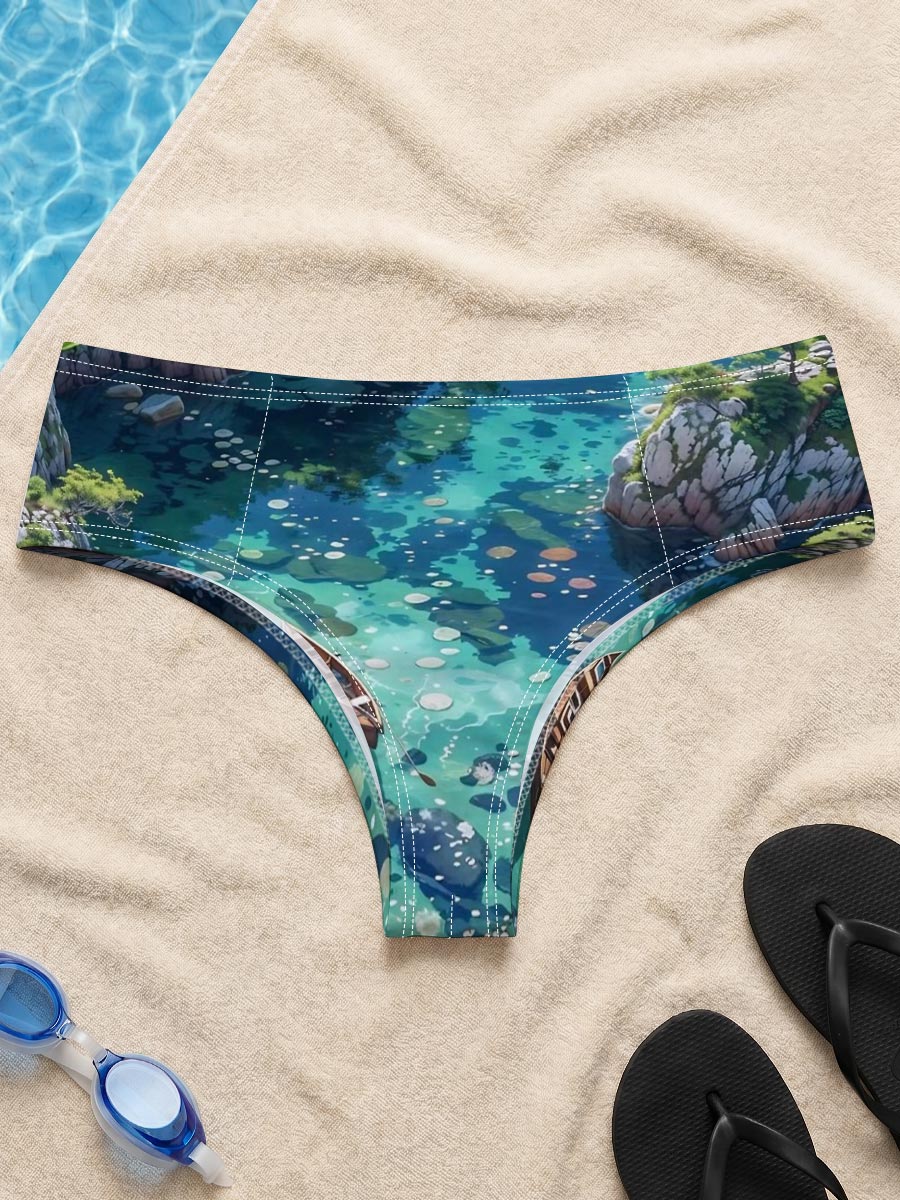 A serene boat floats on crystal-clear waters surrounded by rocky cliffs and blooming flowers. -  Men's swim trunks