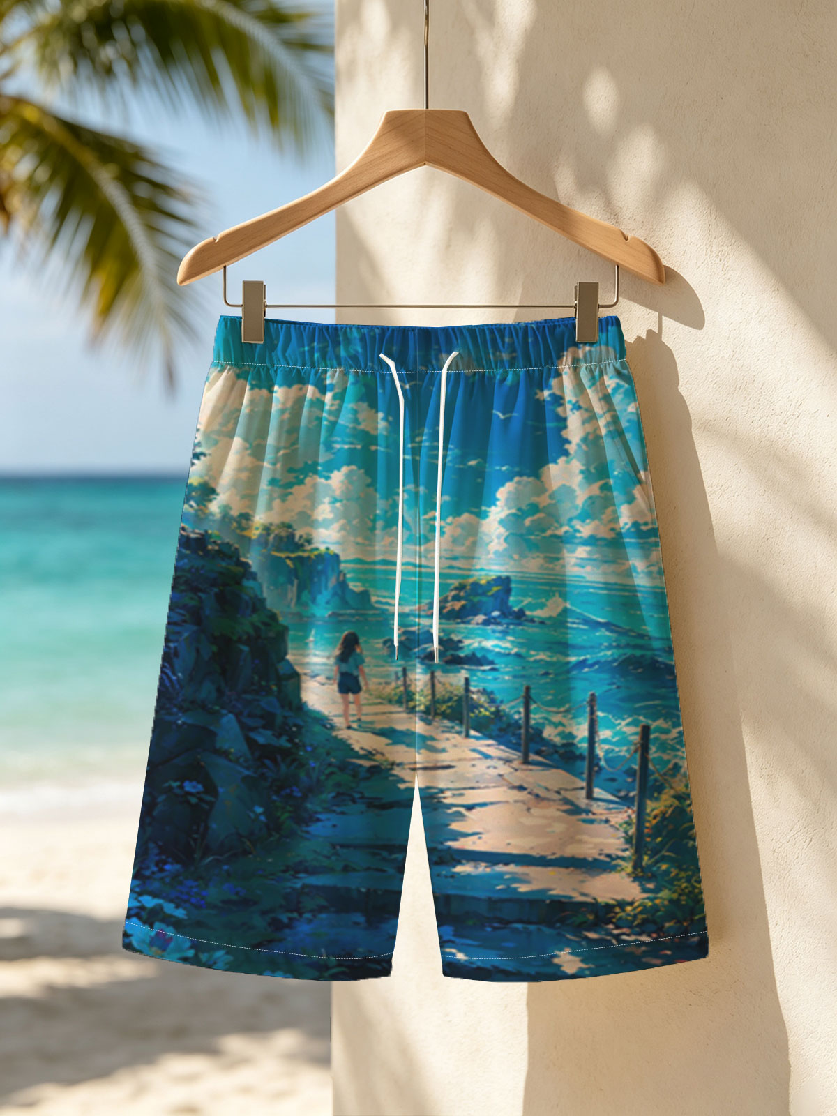 Girl walking on coastal path overlooking turquoise sea and rocky cliffs under bright blue sky -  Beach shorts