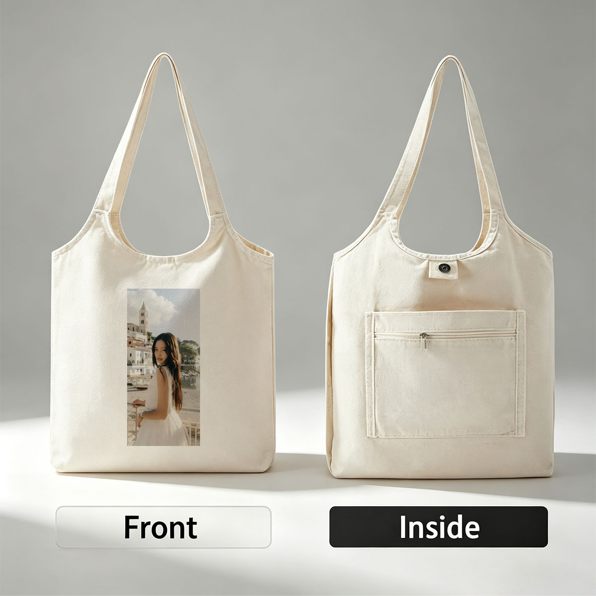 Jennie Kim in a White Dress by the Seaside with a Church Tower in the Background - Canvas shoulder bags/