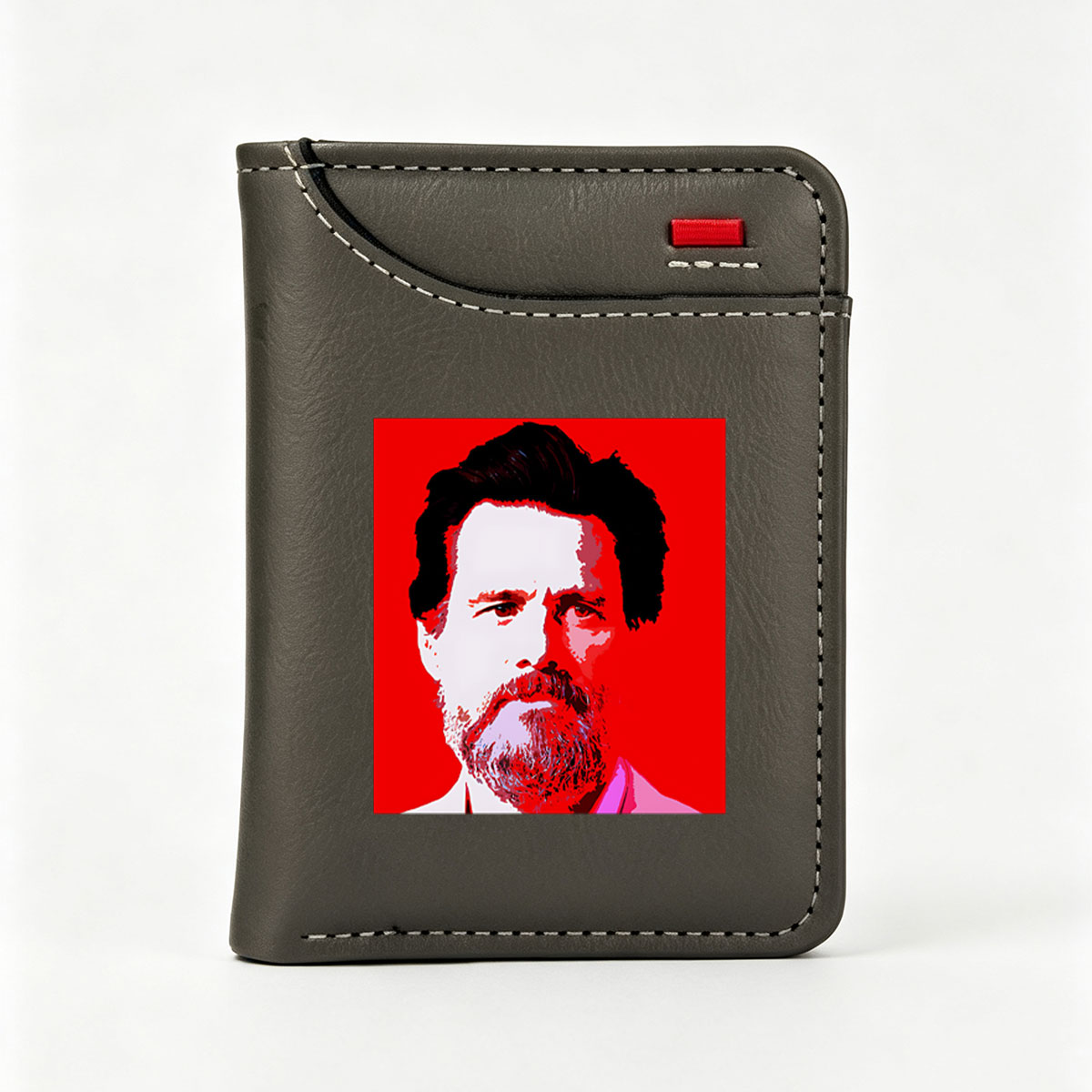 Portrait of a bearded man with intense gaze against red background - Vertical Style Wallet