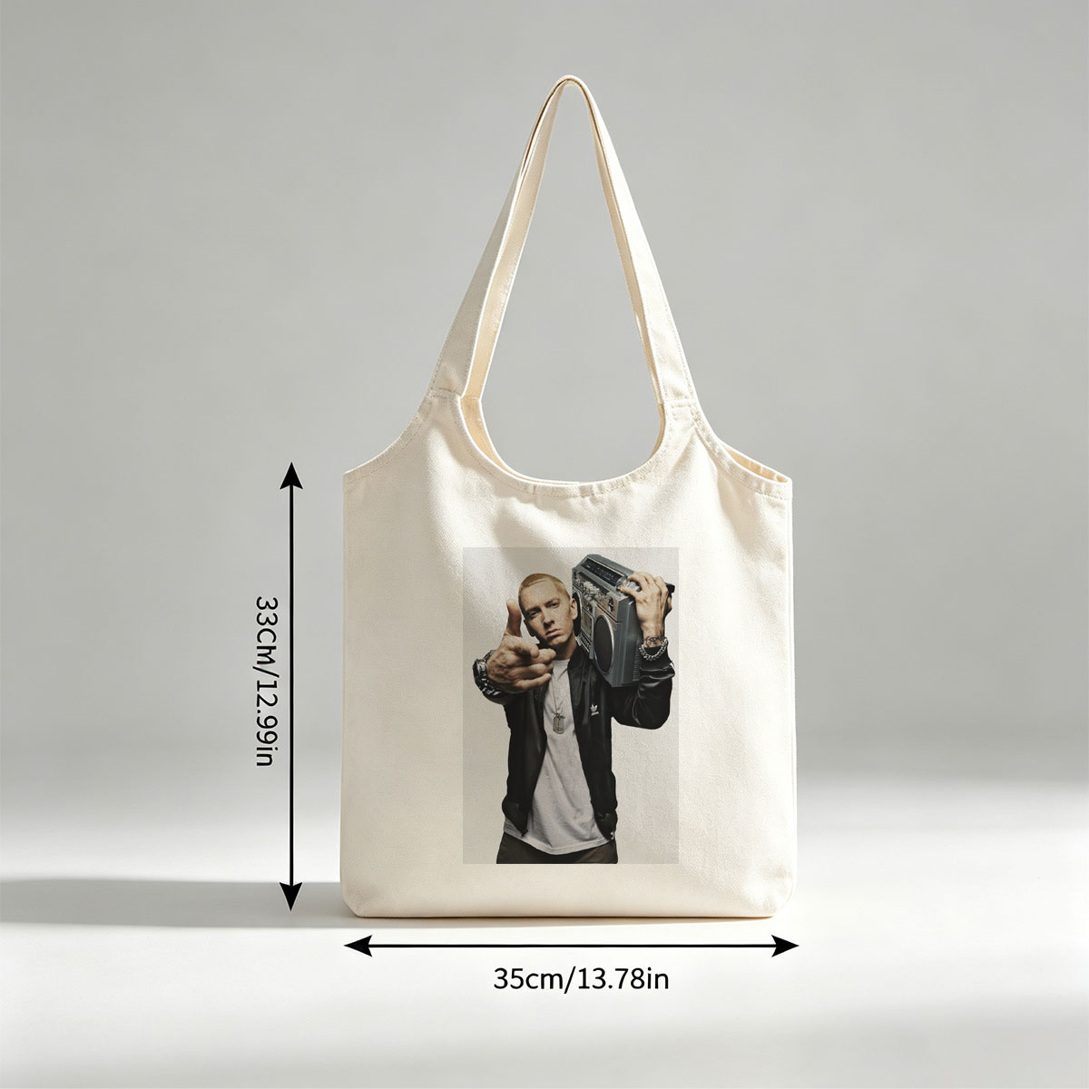 Eminem Holding Boombox Pointing at Camera in Iconic Pose - Canvas shoulder bags/