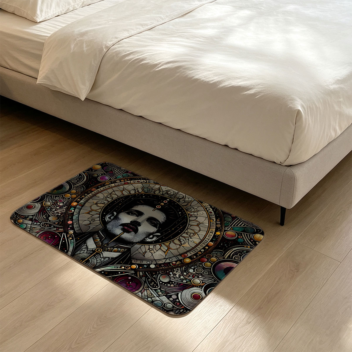 Freddie Mercury in Cosmic Stained Glass Art - Flannel floor mat