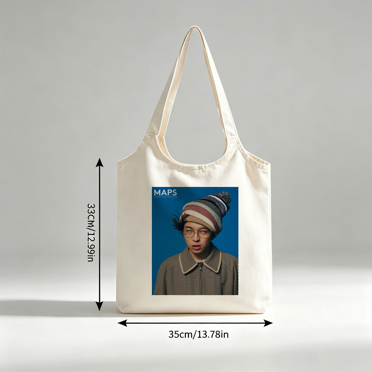 BTS Jungkook in a Stylish Winter Look with Beanie and Checkered Jacket on Blue Background - Canvas shoulder bags/