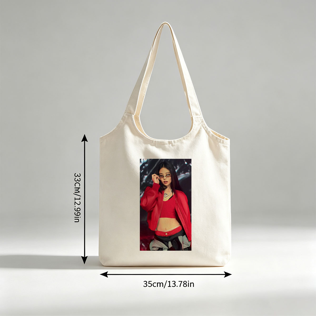 Jennie Kim in a Bold Red Outfit at a Fashion Event Wearing Glasses and Statement Jewelry - Canvas shoulder bags/