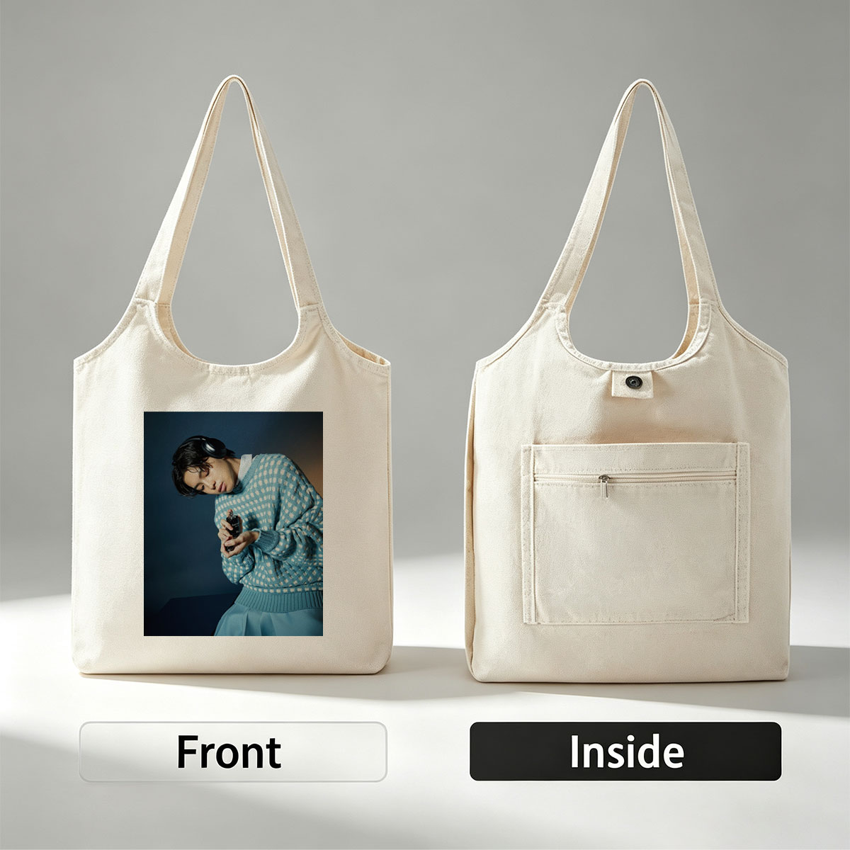 Jaden Smith in a Stylish Blue Sweater Holding a Perfume Bottle with Headphones On - Canvas shoulder bags/