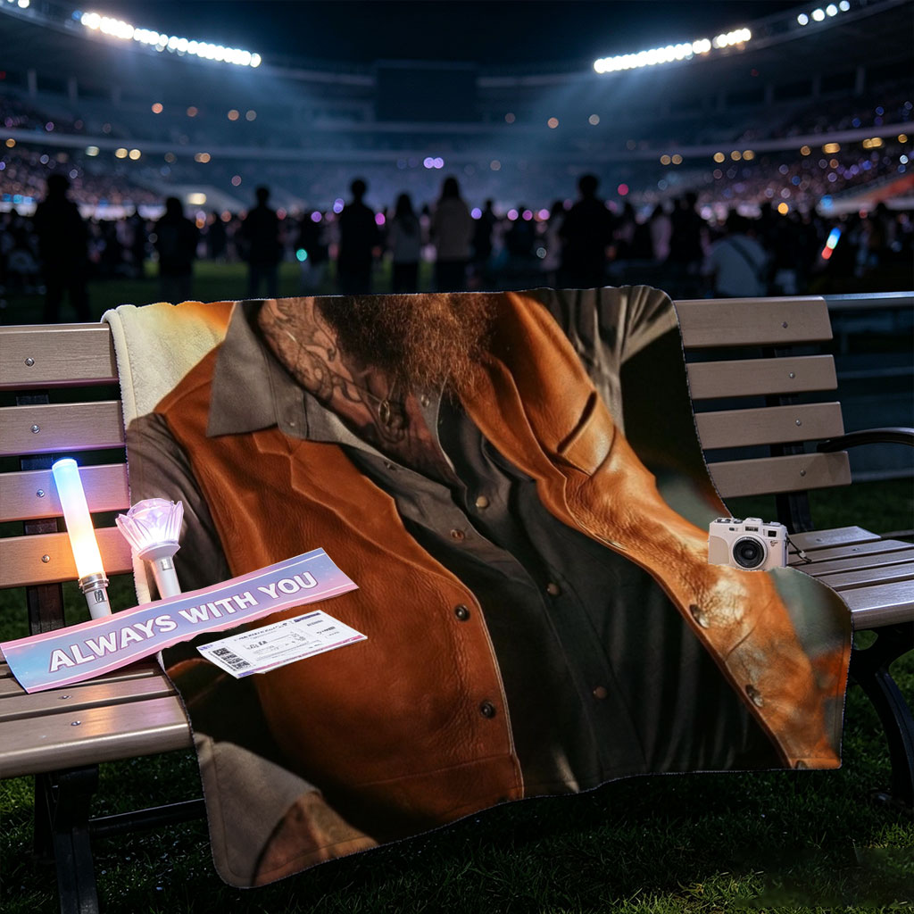Post Malone in Cowboy Outfit Holding Hat with Fiery Background - Blankets