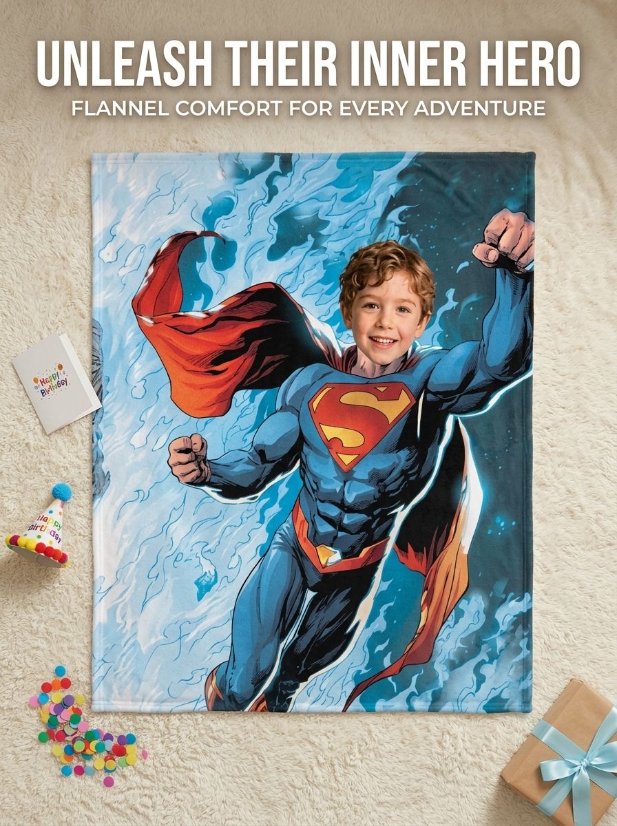 Custom Face Superhero Throw Blanket Soft Anti-Pilling Flannel Personalized Photo Fleece Blanket for Kids and Adults
