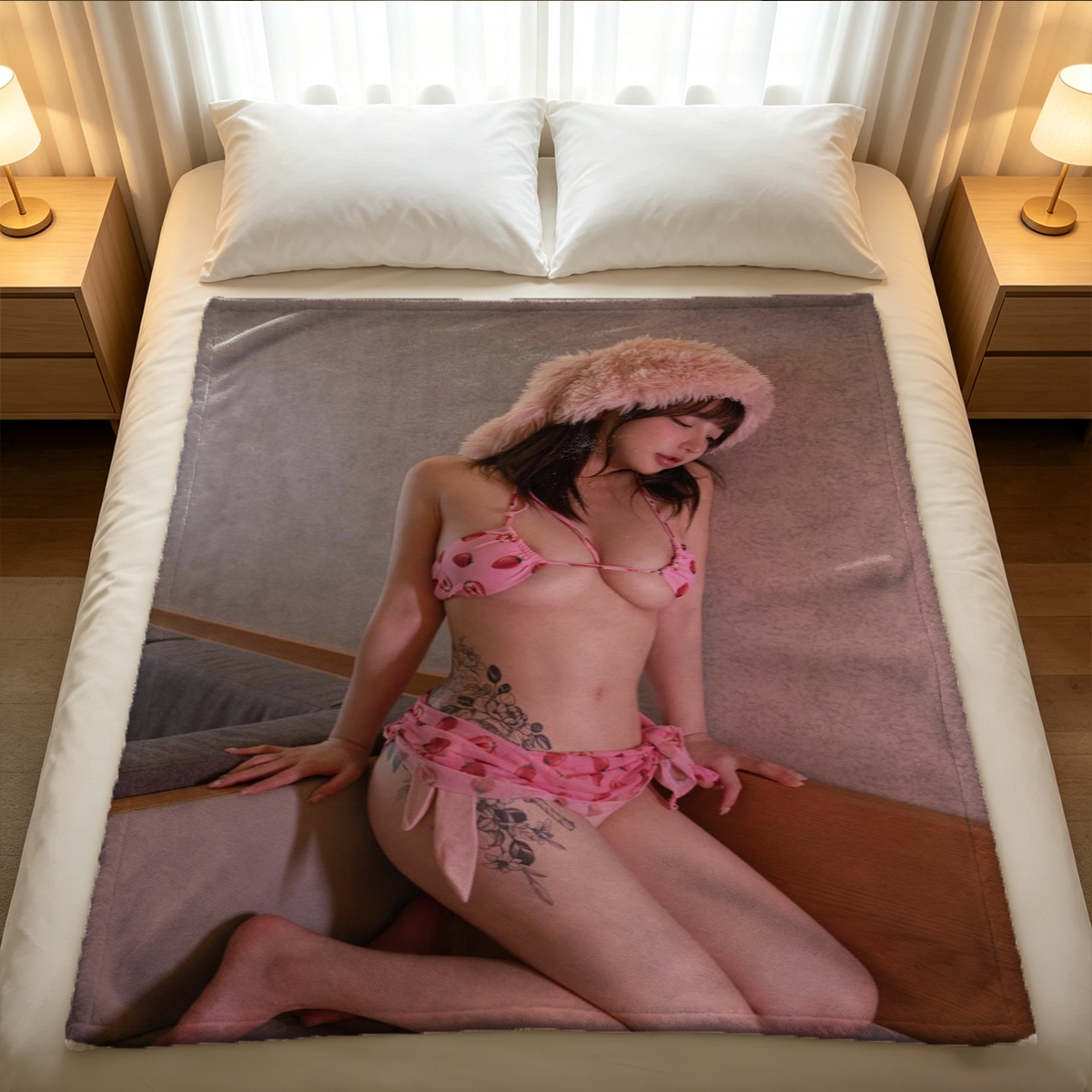 Blonde woman in white lingerie posing in elegant library room - Blanket
