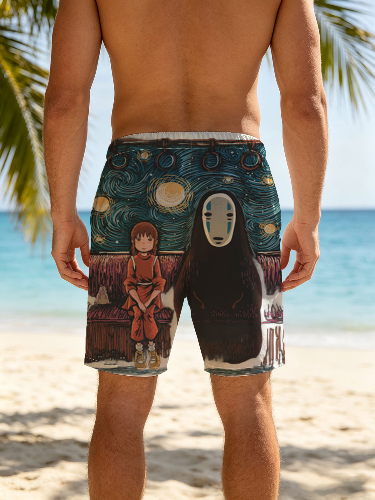 Chihiro and No-Face in a Starry Night Setting -  Beach shorts