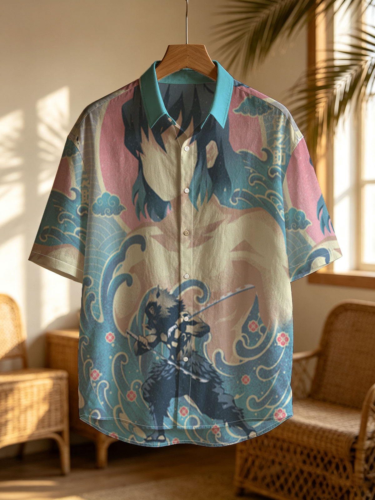 Inosuke Hashibira from Demon Slayer: Kimetsu no Yaiba, depicted in a dynamic pose with his twin swords, set against a stylized wave and sun background. -  Shirt