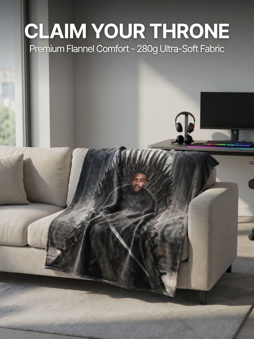 Custom Face Photo Flannel Blanket Personalized Fantasy Throne Warrior Throw for Couch Bed Cozy Novelty Gift