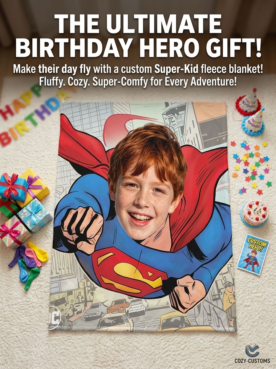 Custom Superhero Photo Blanket Personalized Face Flannel Fleece Throw Cozy Birthday Gift for Kids and Adults