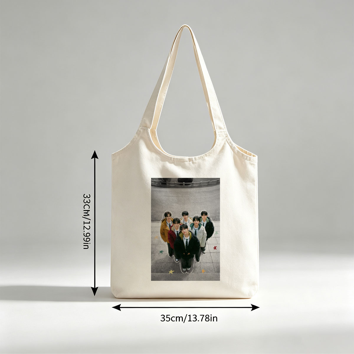 TXT Group in School Uniforms Standing Together Outdoors with Star Accents - Canvas shoulder bags/