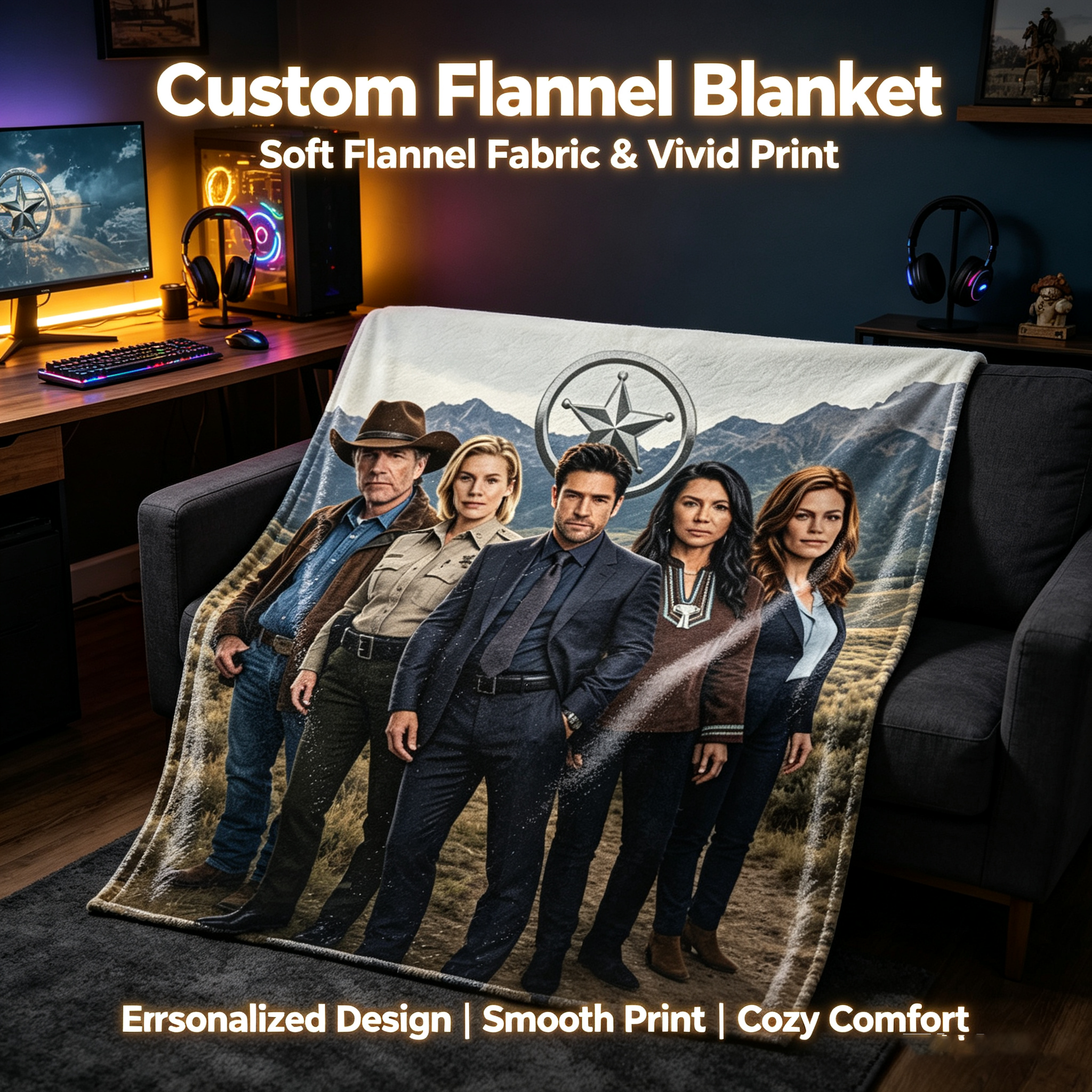 Custom Face Blanket Longmire Season 7 Flannel Blanket Western Drama Series Fan Gift for Home Decor or Cozy Nights