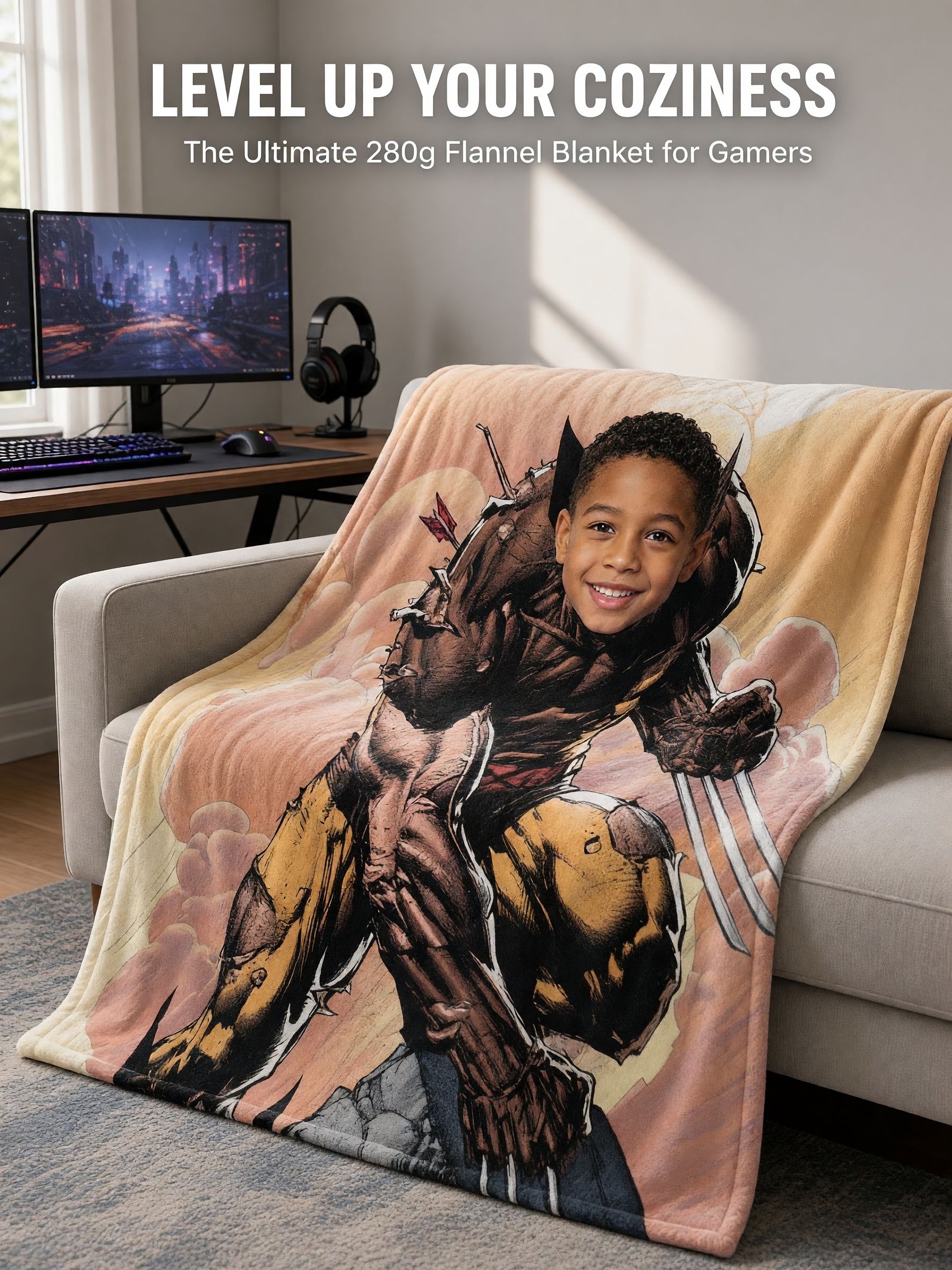 Custom Superhero Face Blanket, Personalized Comic Character Flannel Throw, Ideal Photo Gift for Kids and Comic Fans
