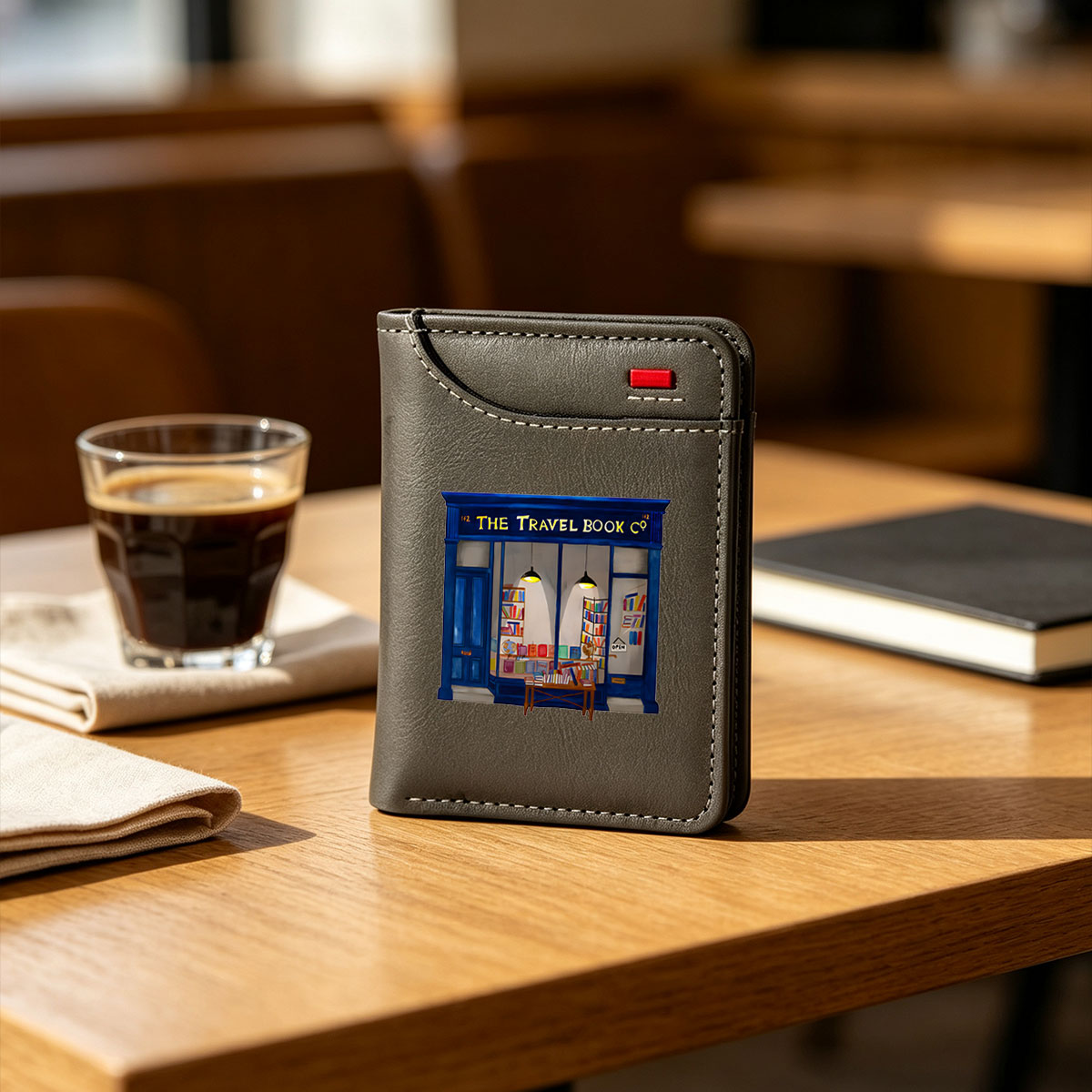 The Travel Book Co: A Cozy Bookstore with Colorful Shelves and Open Sign - Vertical Style Wallet