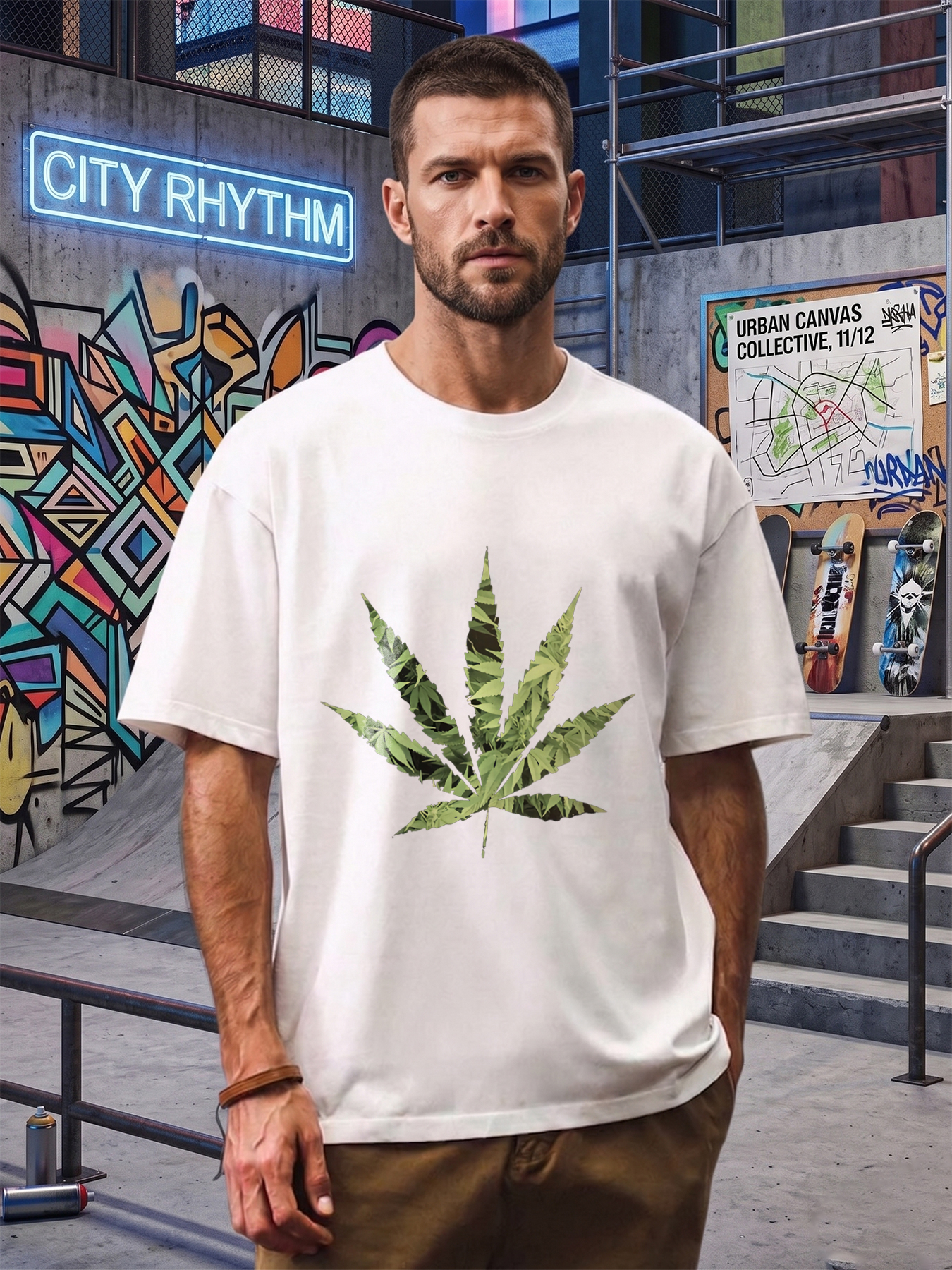 Men's Printed T-Shirt with Cannabis Leaf Pattern and Green Nature Design, Casual Round Neck Summer Lightweight Breathable Short Sleeve Tee for Outdoor Activities, Streetwear, and Daily Wear, Ideal for Young Adults and Trend-Lovers