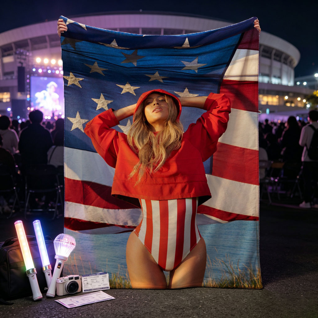 Beyonce in Red Hoodie and Striped Bodysuit Standing Before American Flag by the Beach - Blankets