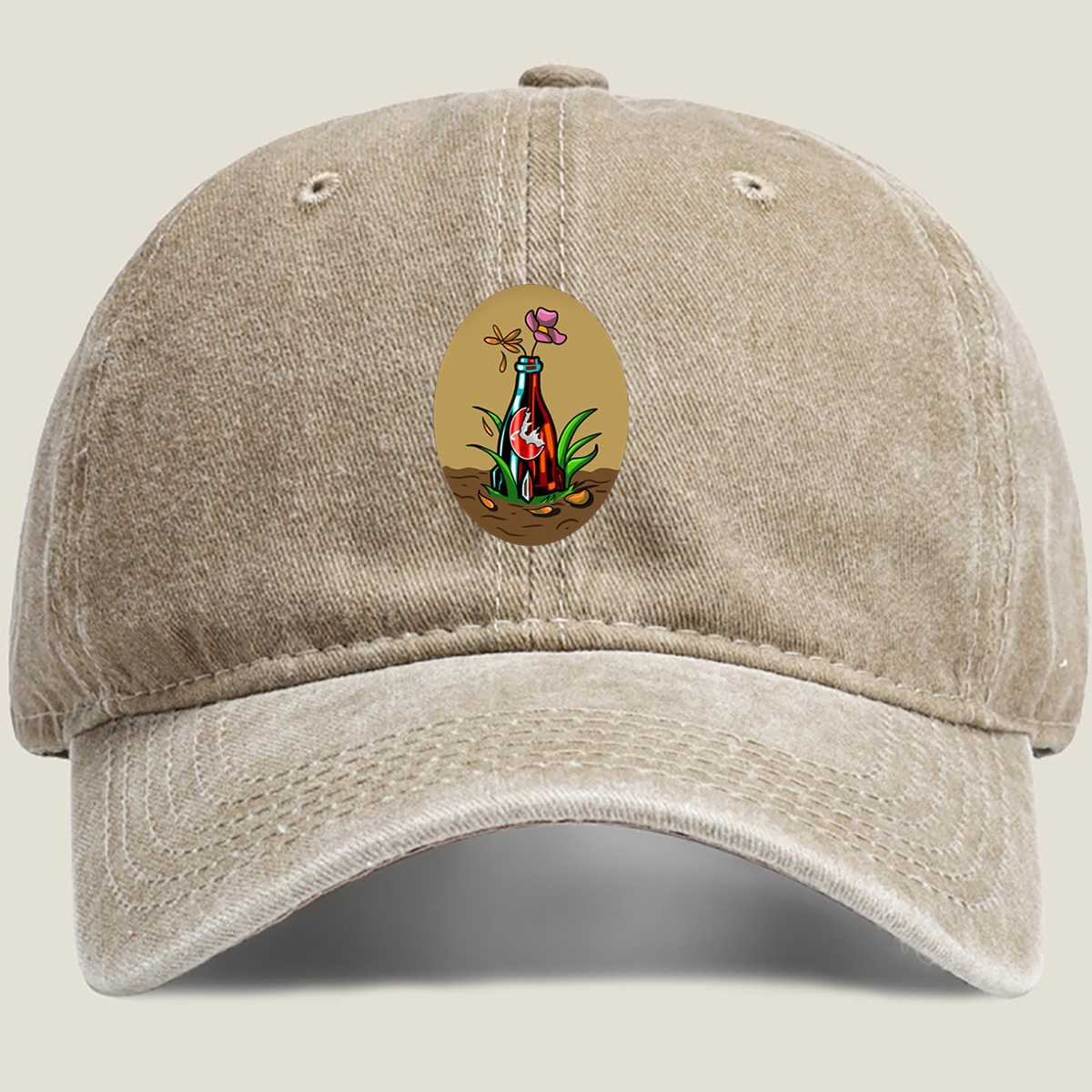 Bottle Garden with Flower and Dragonfly - Washed Denim - Baseball Cap