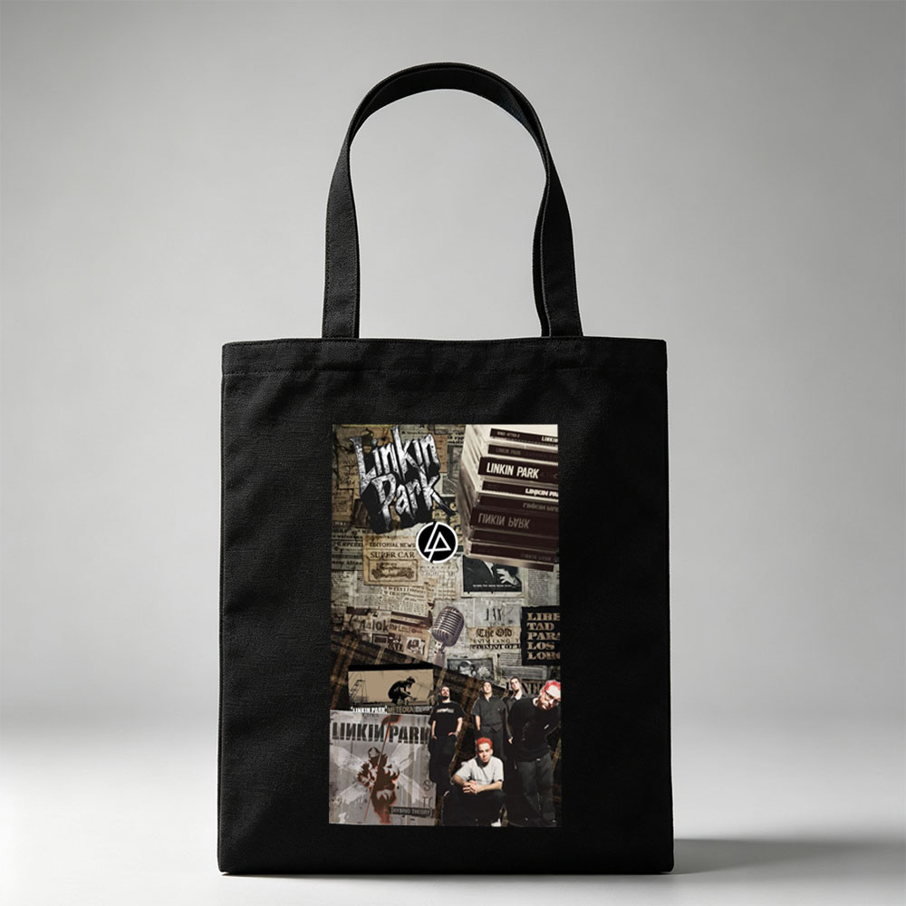 Linkin Park Band Collage Featuring Album Art, Members, and Vintage Newspaper Background - Canvas tote bags